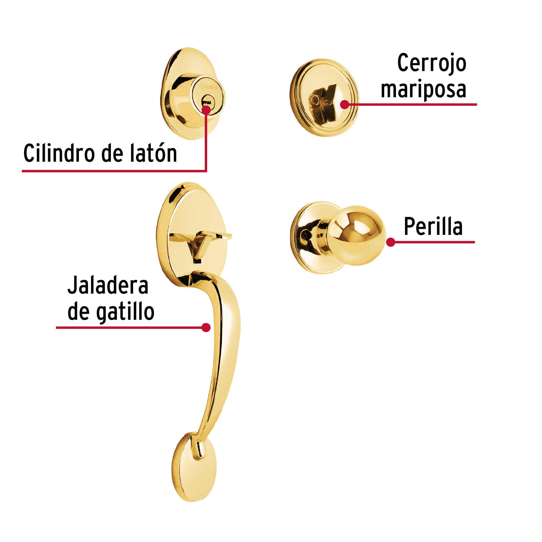 Cerradura, latón brillante, mariposa, pomo-jaladera