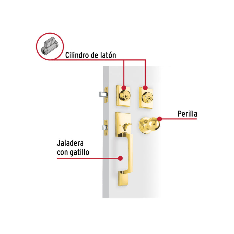 Jaladera, perilla y cerrojo llave-llave 'Porto', latón brill