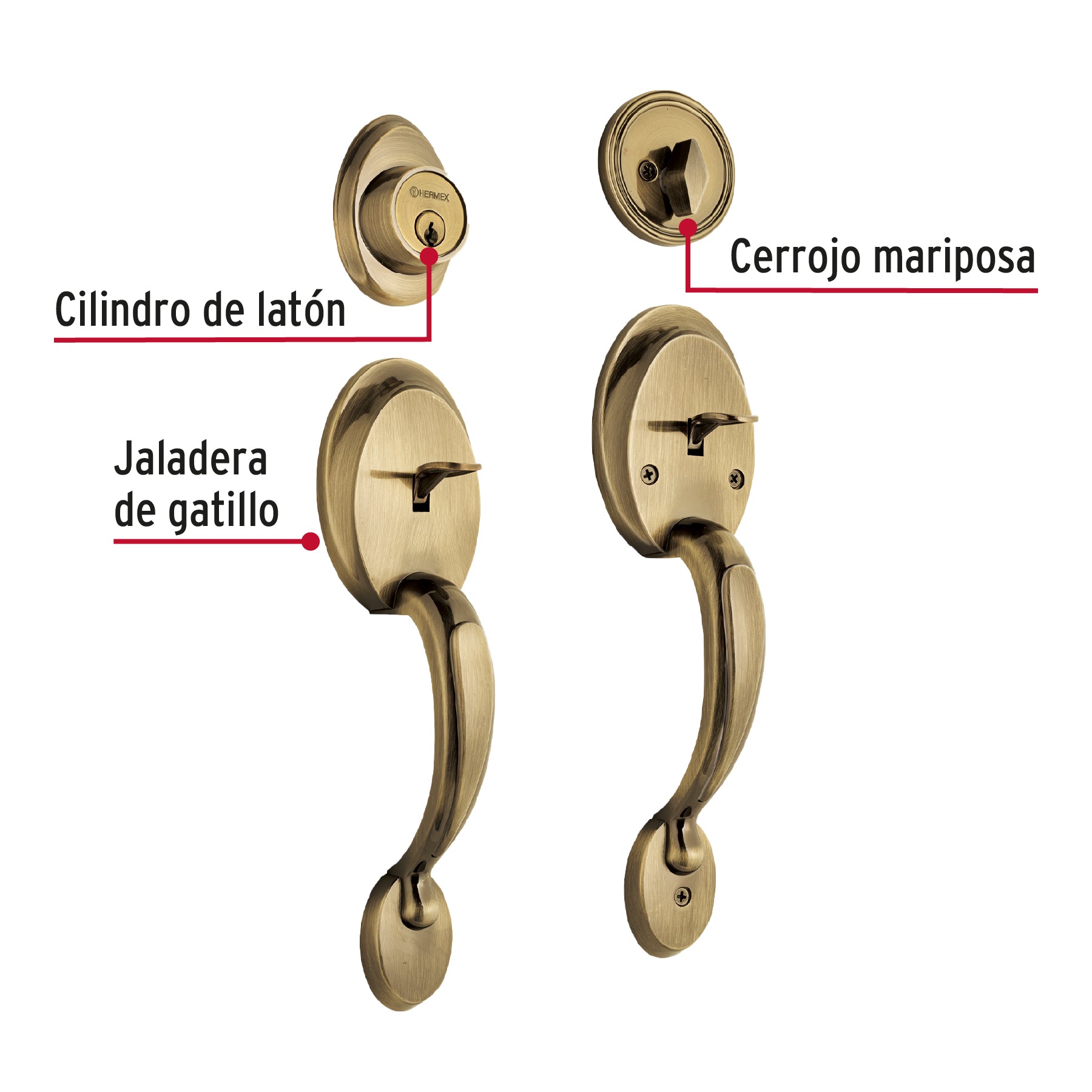 Cerradura entrada, latón antiguo, mariposa, Hermex Basic