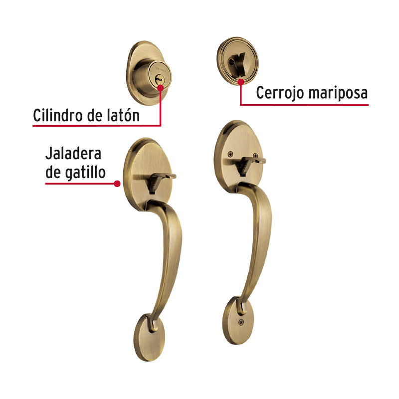 Cerradura entrada, latón antiguo, mariposa, jaladera