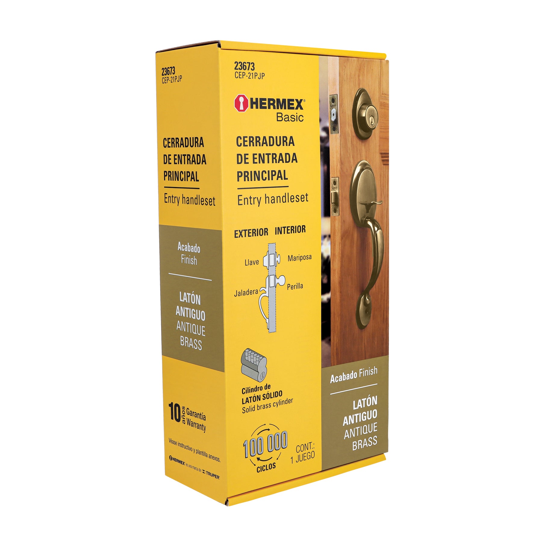 Cerradura, latón antiguo, mariposa, pomo, Hermex Basic