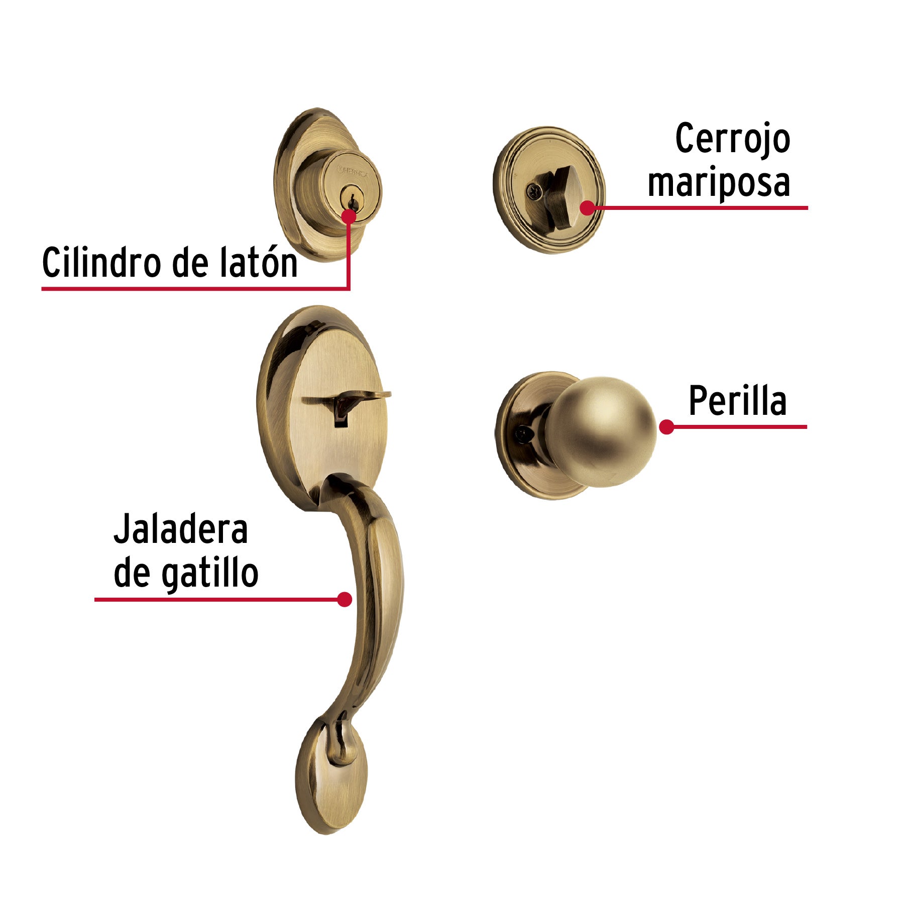 Cerradura, latón antiguo, mariposa, pomo, Hermex Basic