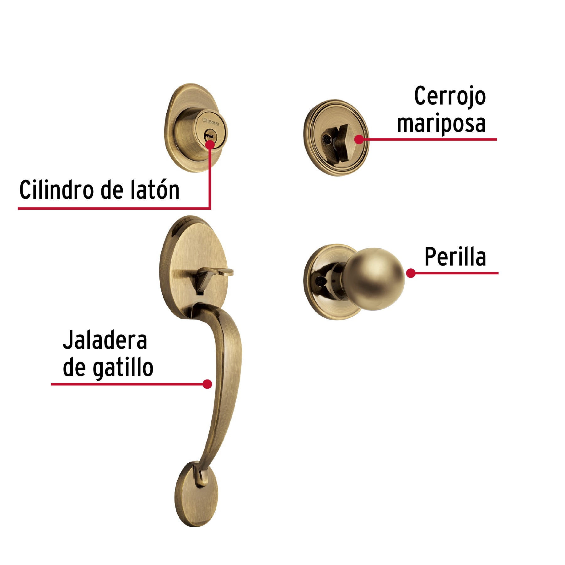 Cerradura, latón antiguo, mariposa, pomo-jaladera