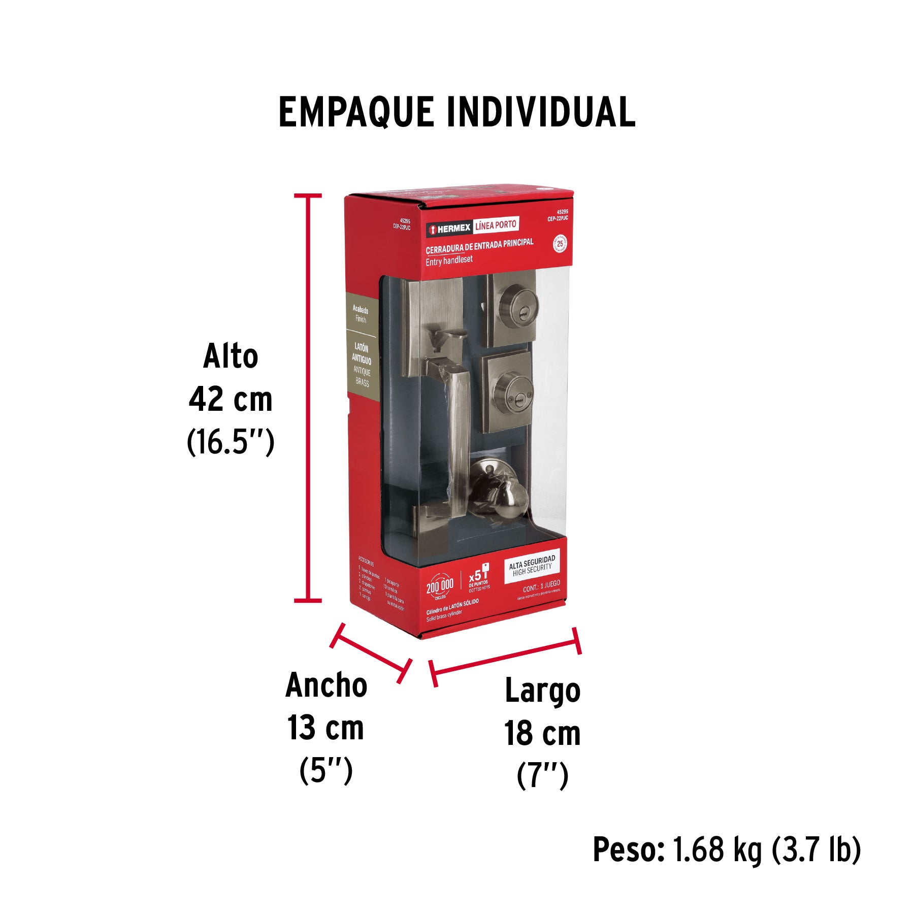 Jaladera, perilla y cerrojo llave-llave 'Porto', latón ant.