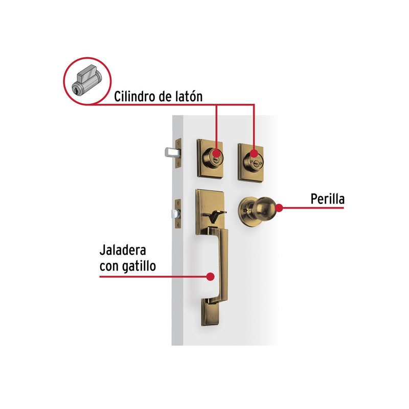 Jaladera, perilla y cerrojo llave-llave 'Porto', latón ant.