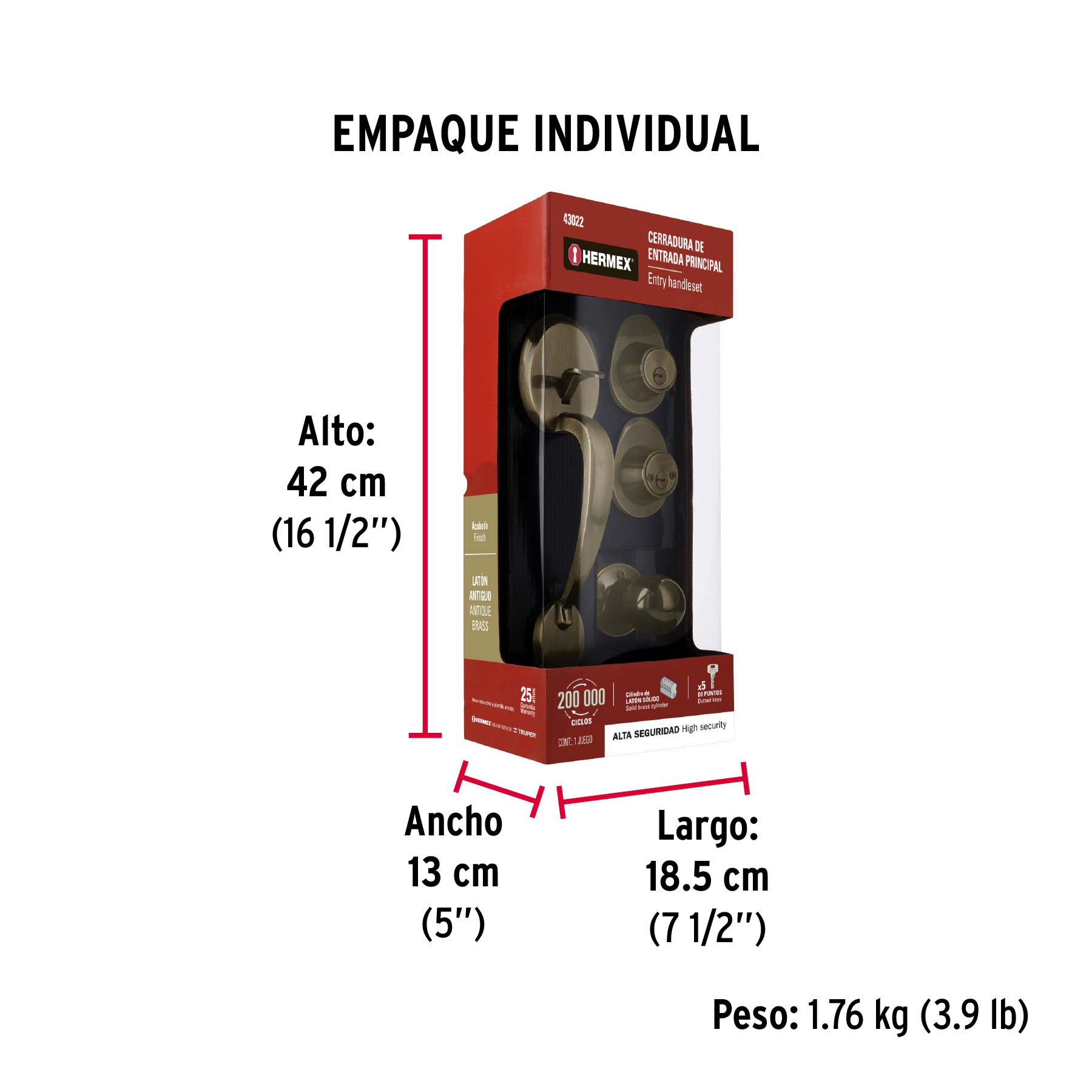 Cerradura entrada, latón antiguo, doble, pomo-jaladera