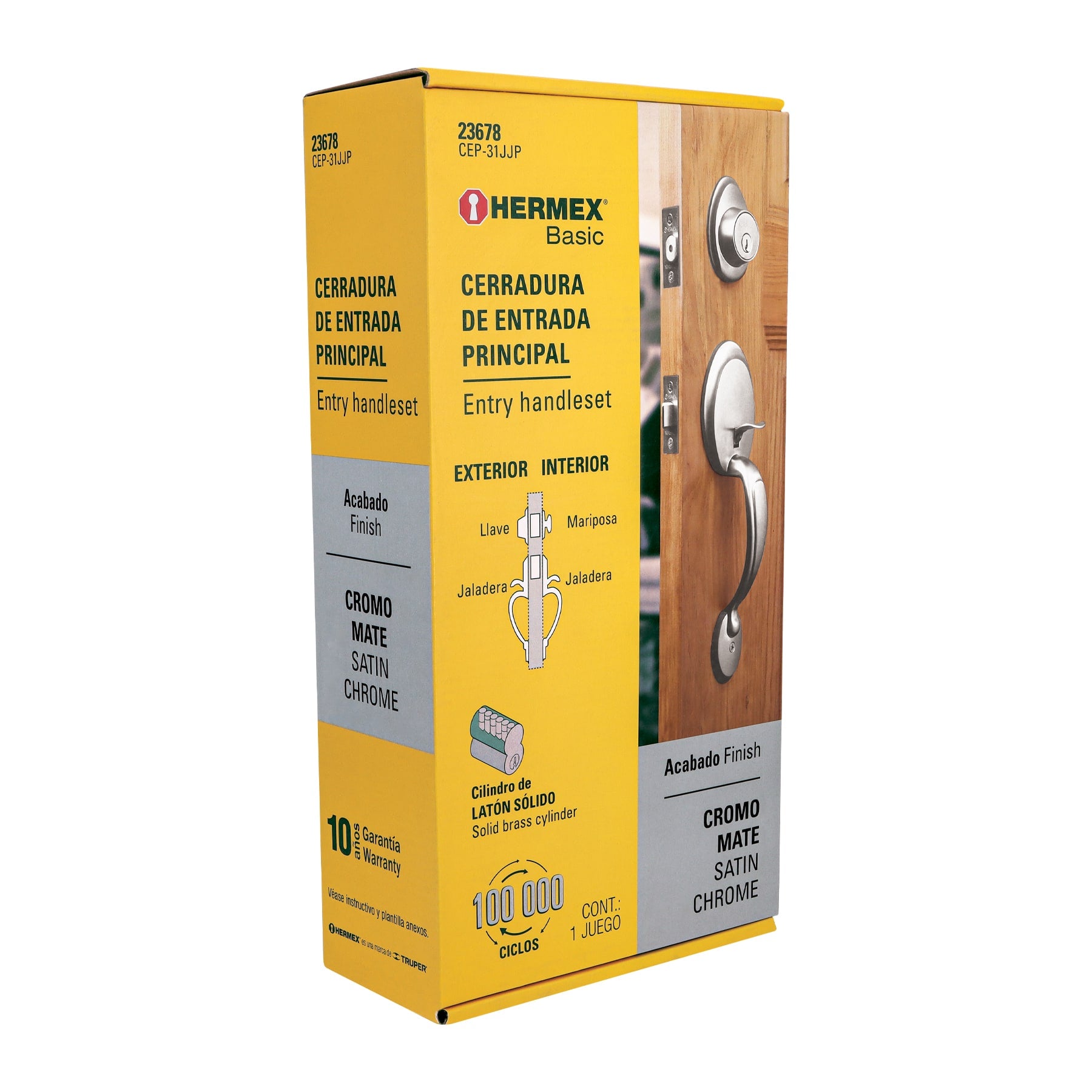Cerradura entrada, cromo mate, mariposa, Hermex Basic