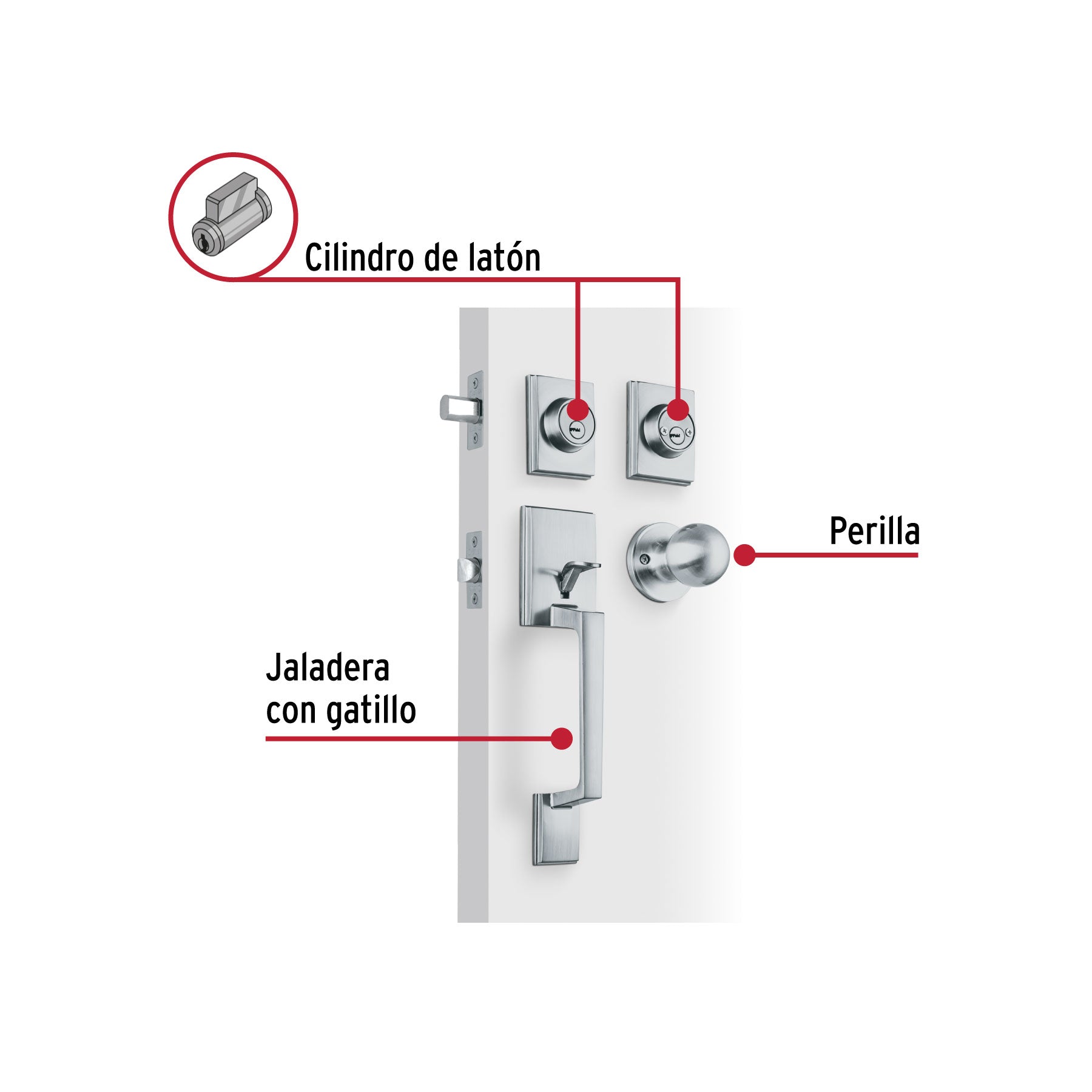 Jaladera, perilla y cerrojo llave-llave 'Porto', cromo