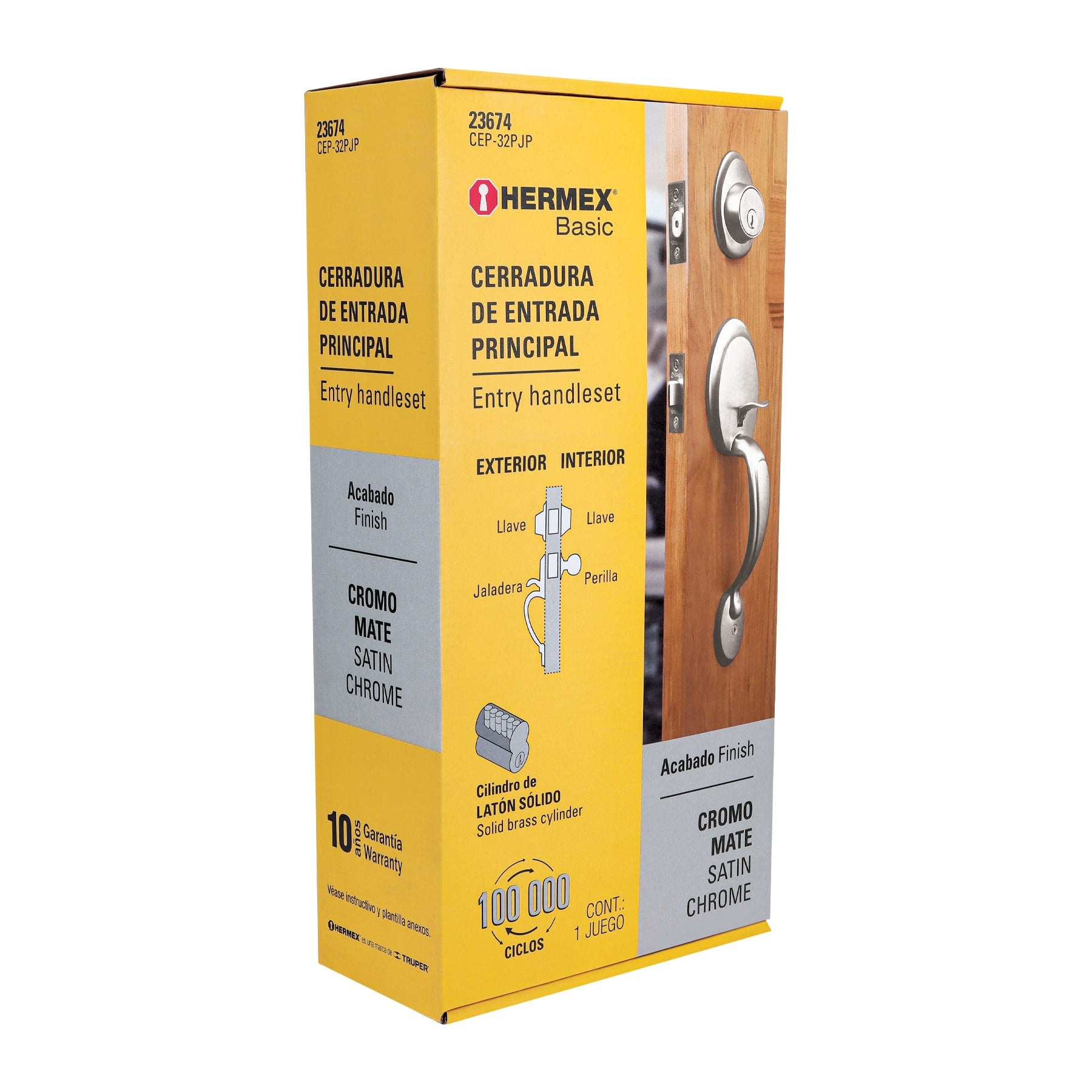 Cerradura entrada, cromo mate, doble, pomo, Hermex Basic