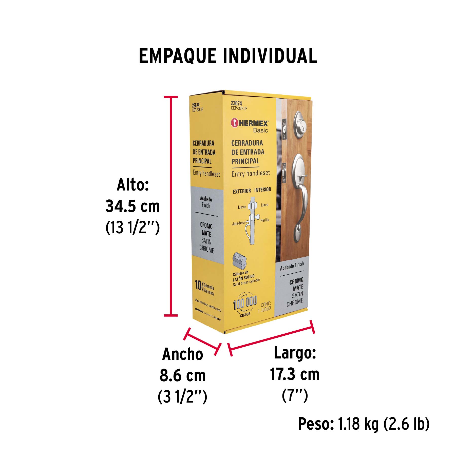 Cerradura entrada, cromo mate, doble, pomo, Hermex Basic
