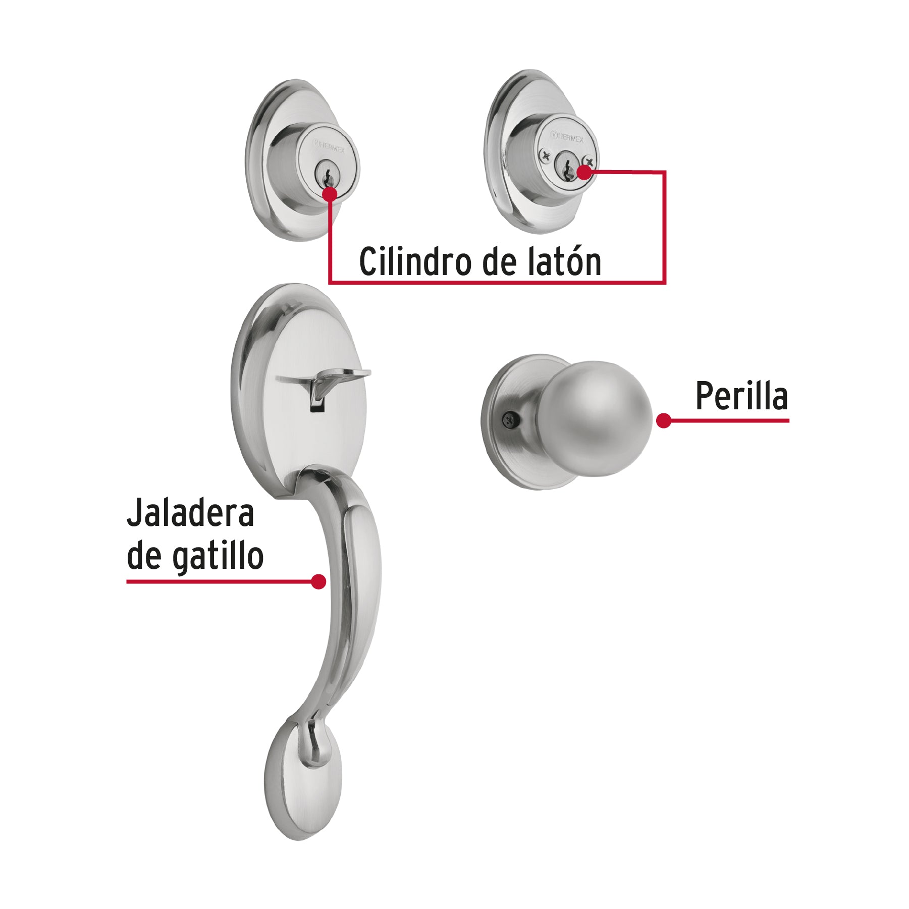 Cerradura entrada, cromo mate, doble, pomo, Hermex Basic