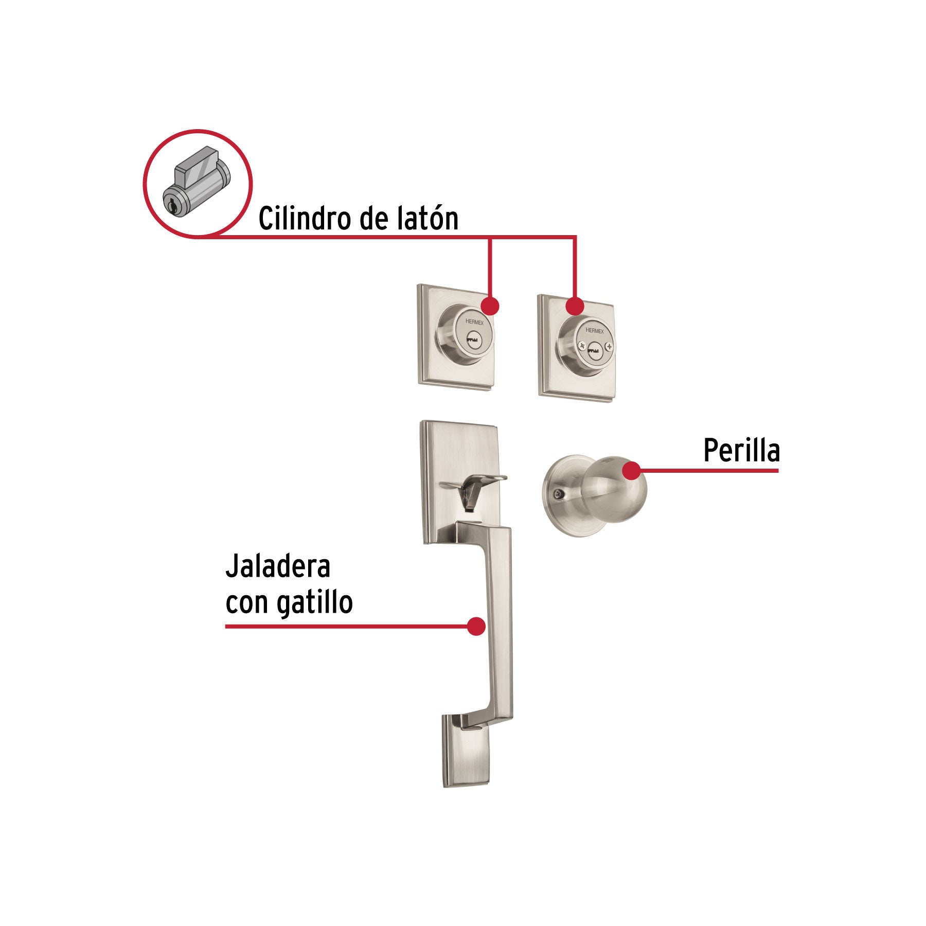 Jaladera, perilla y cerrojo llave-llave 'Porto', níquel sat.