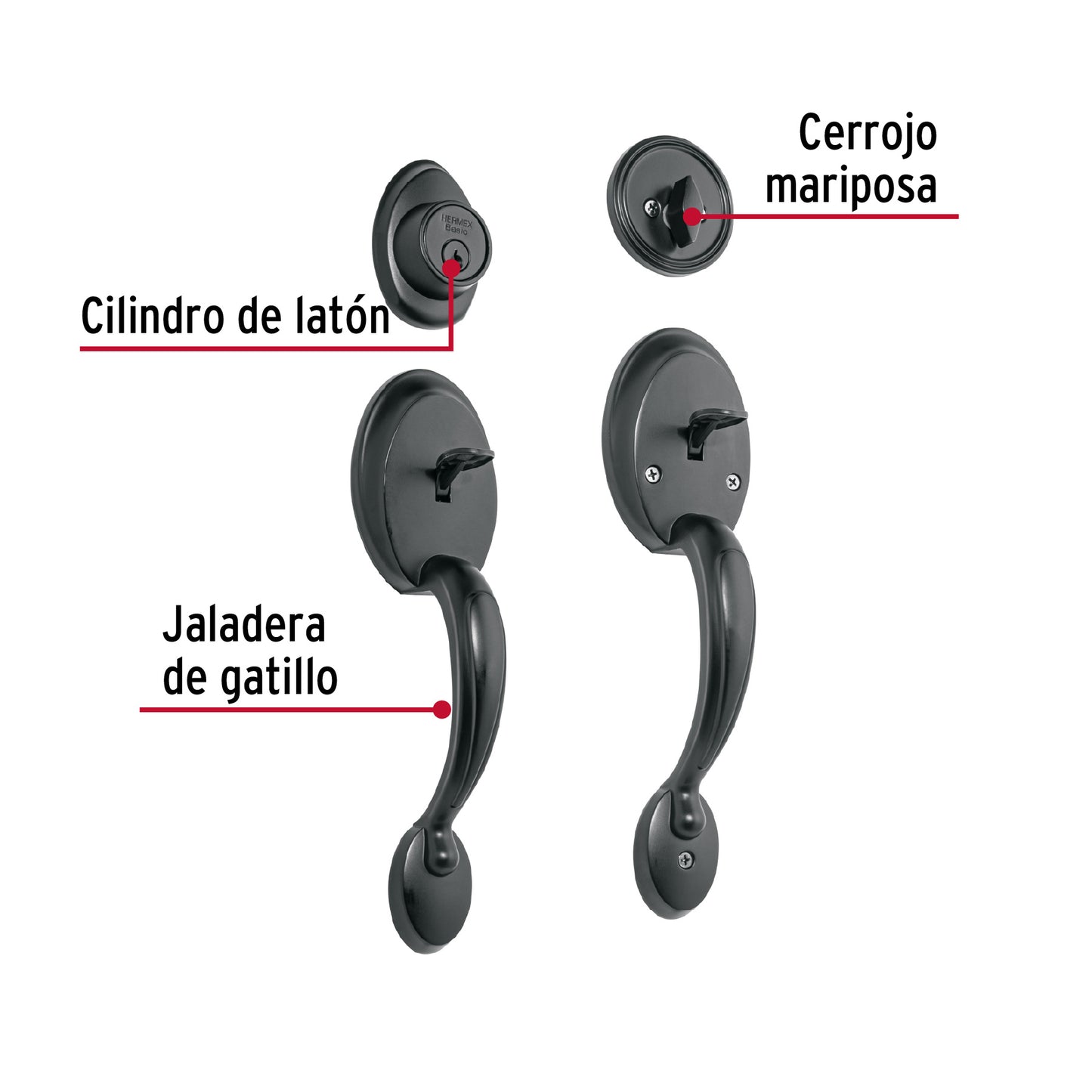 Doble jaladera, perilla y cerrojo L-M, negro, Basic