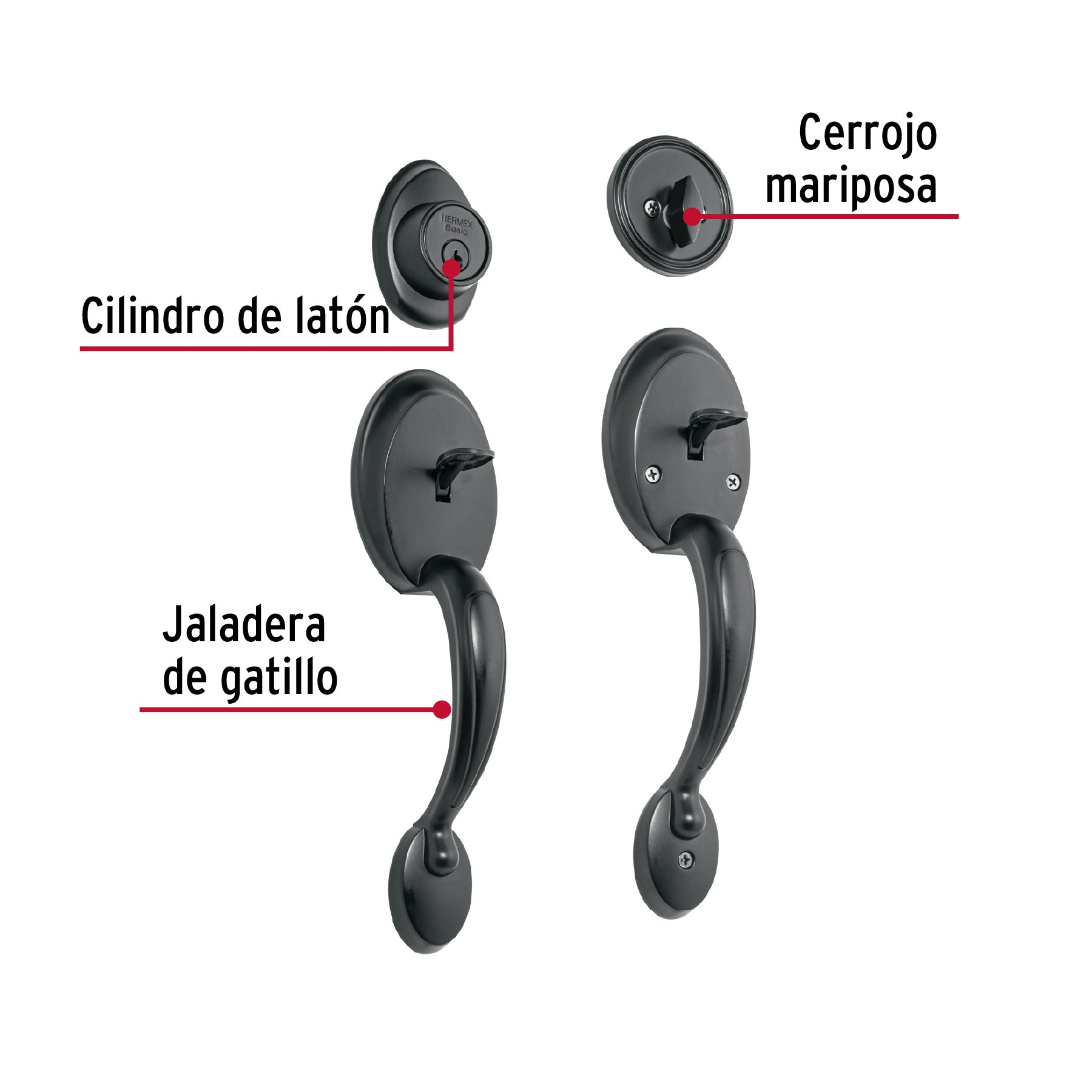 Doble jaladera, perilla y cerrojo L-M, negro, Basic