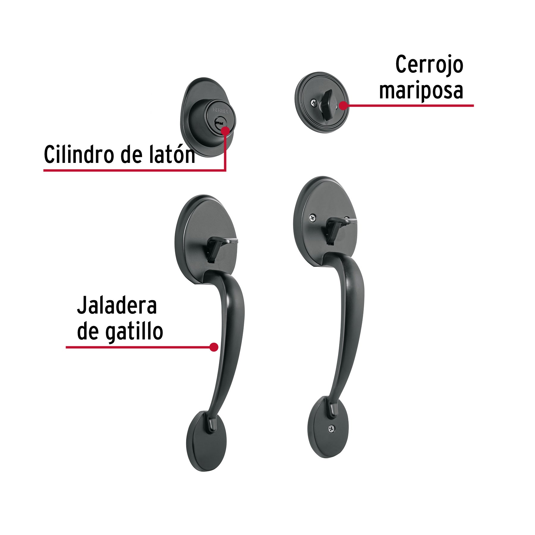 Doble jaladera, perilla y cerrojo llave-mariposa, negro