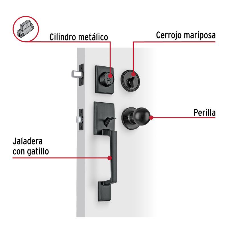 Jaladera, perilla y cerrojo llave-mariposa 'Porto', negro