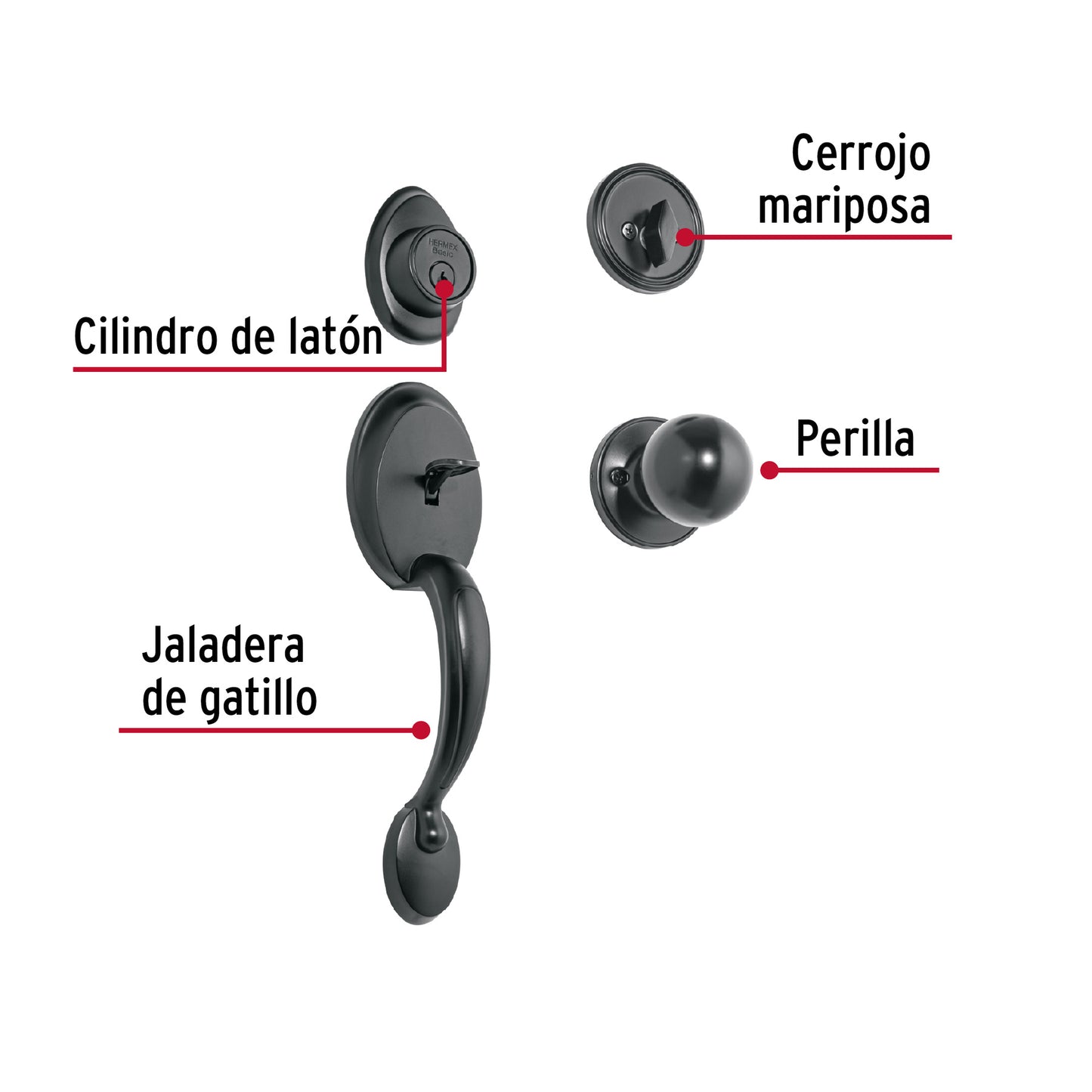Jaladera, perilla y cerrojo llave-mariposa, negro, Basic
