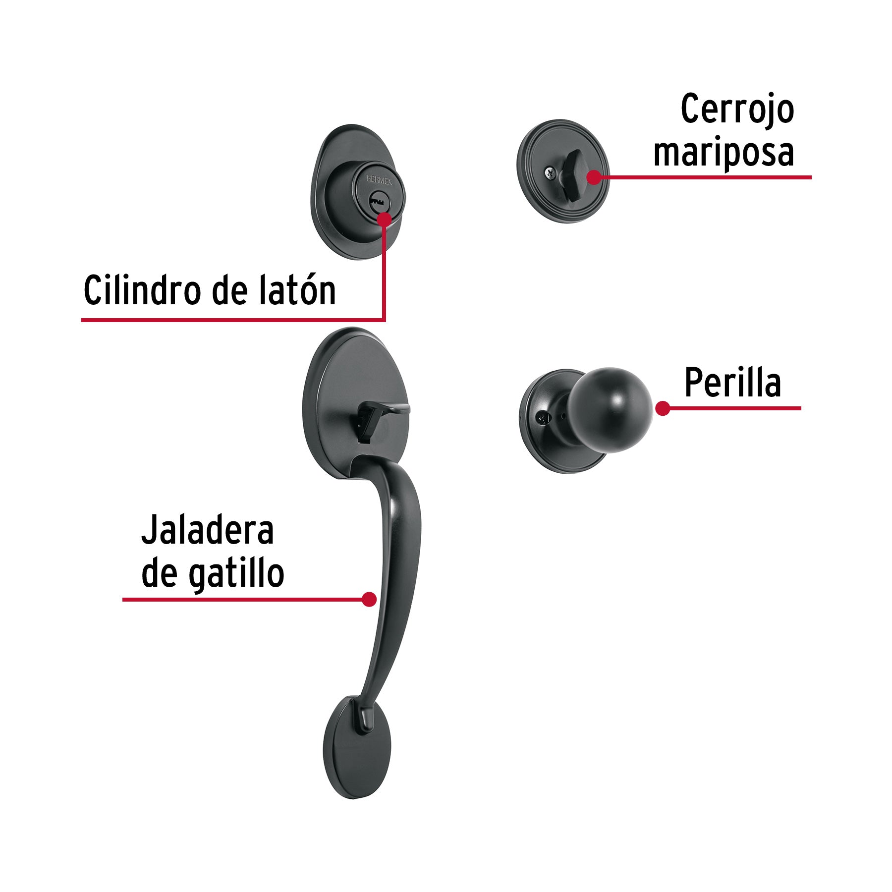 Jaladera, perilla y cerrojo llave-mariposa, negro