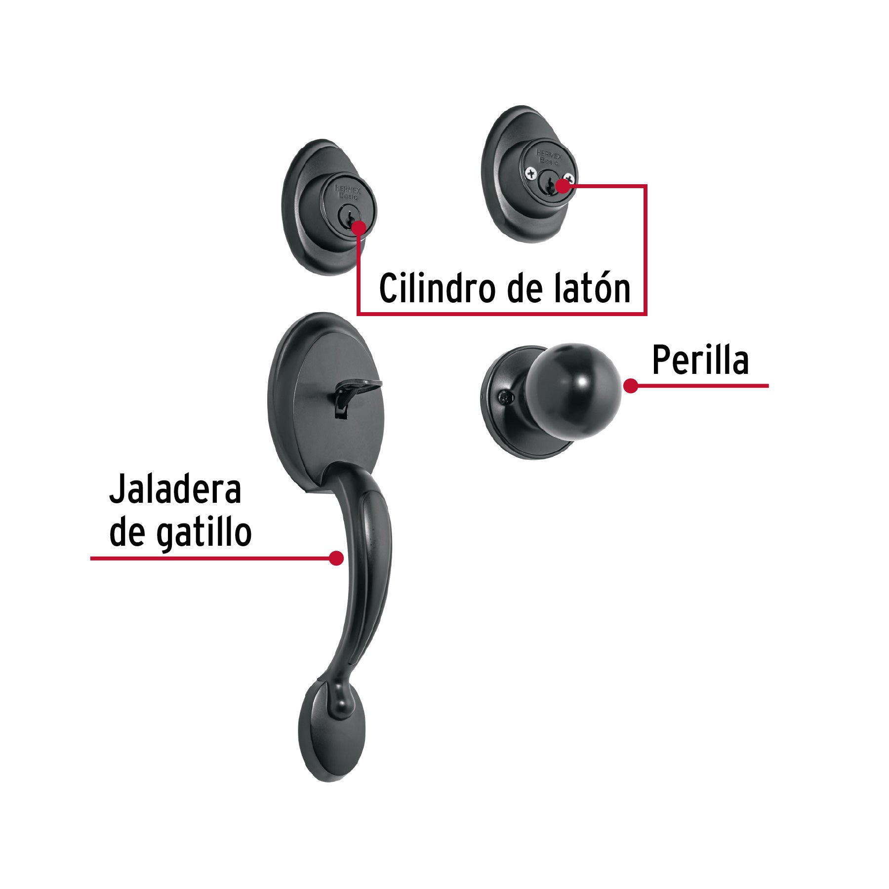 Jaladera, perilla y cerrojo llave-llave, negro, Basic