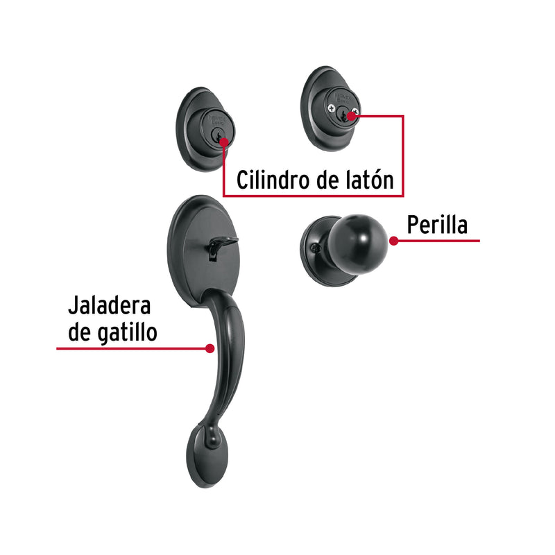 Jaladera, perilla y cerrojo llave-llave, negro, Basic