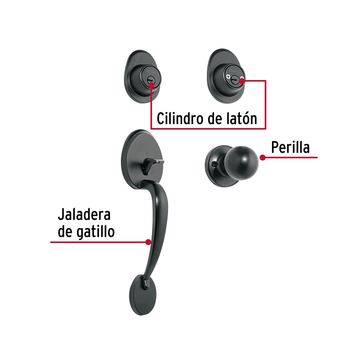 Jaladera, perilla y cerrojo llave-llave, negro