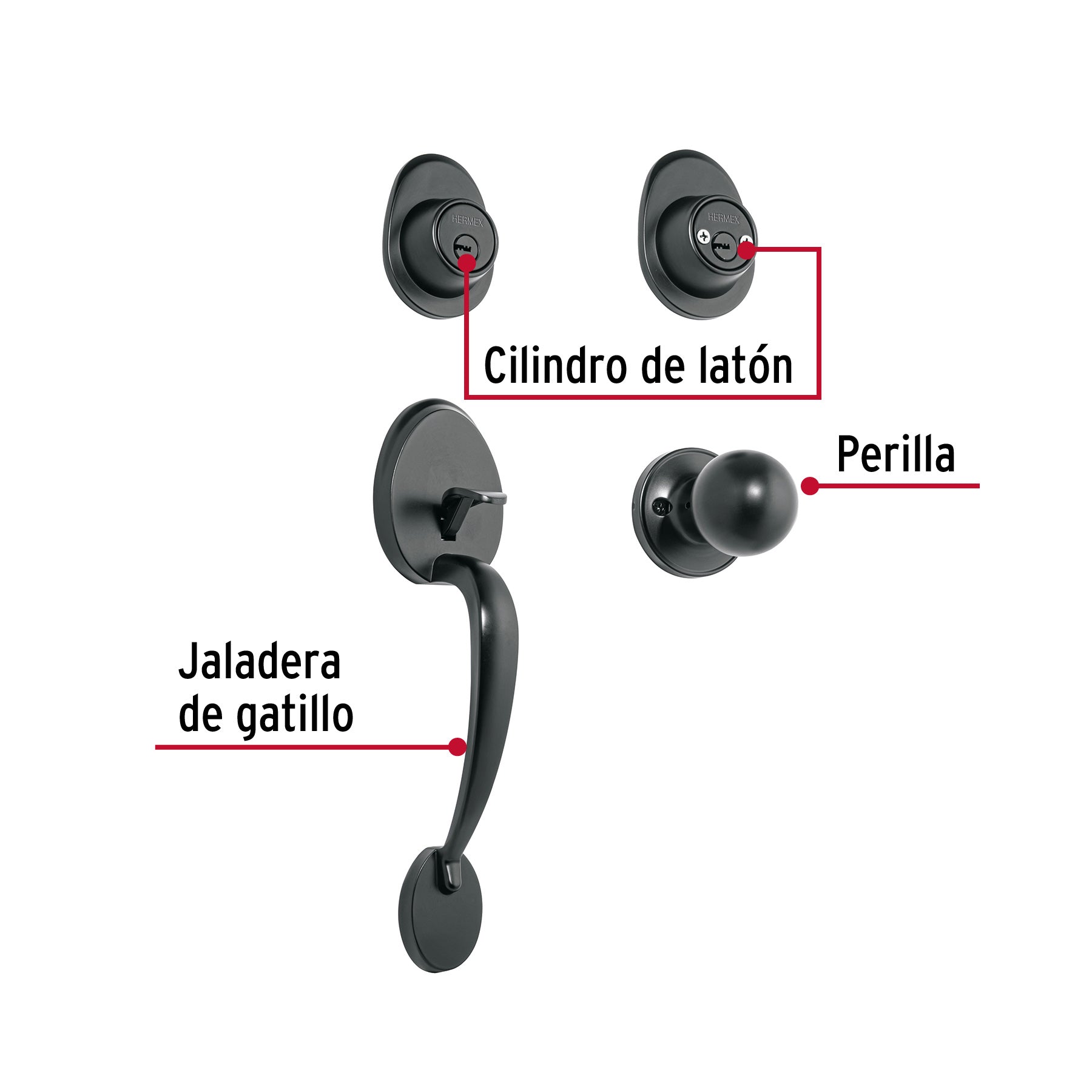 Jaladera, perilla y cerrojo llave-llave, negro