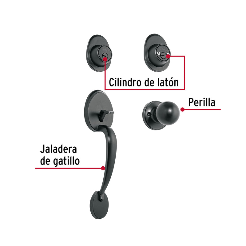 Jaladera, perilla y cerrojo llave-llave, negro