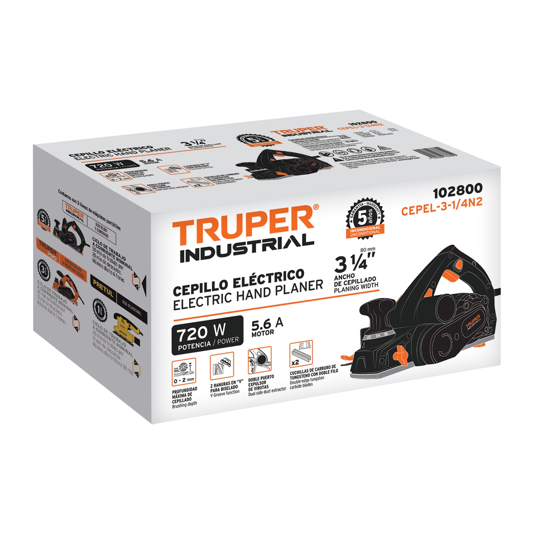 Cepillo eléctrico 3-1/4' 720 W, industrial, Truper