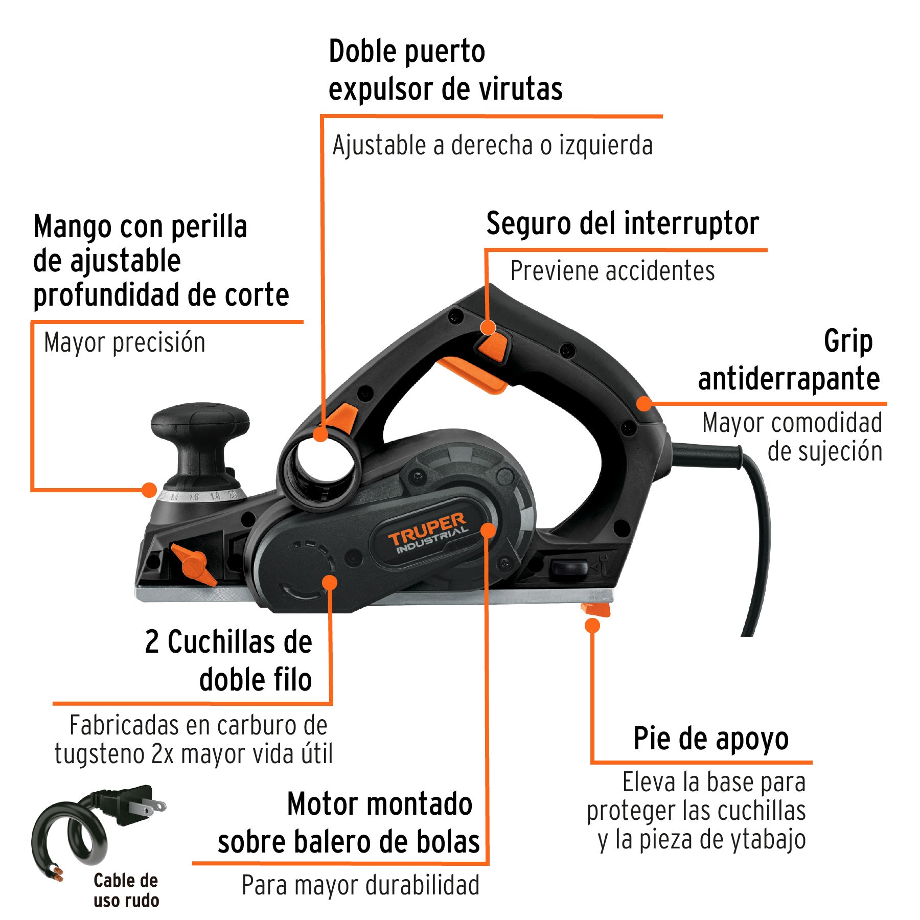 Cepillo eléctrico 3-1/4' 720 W, industrial, Truper