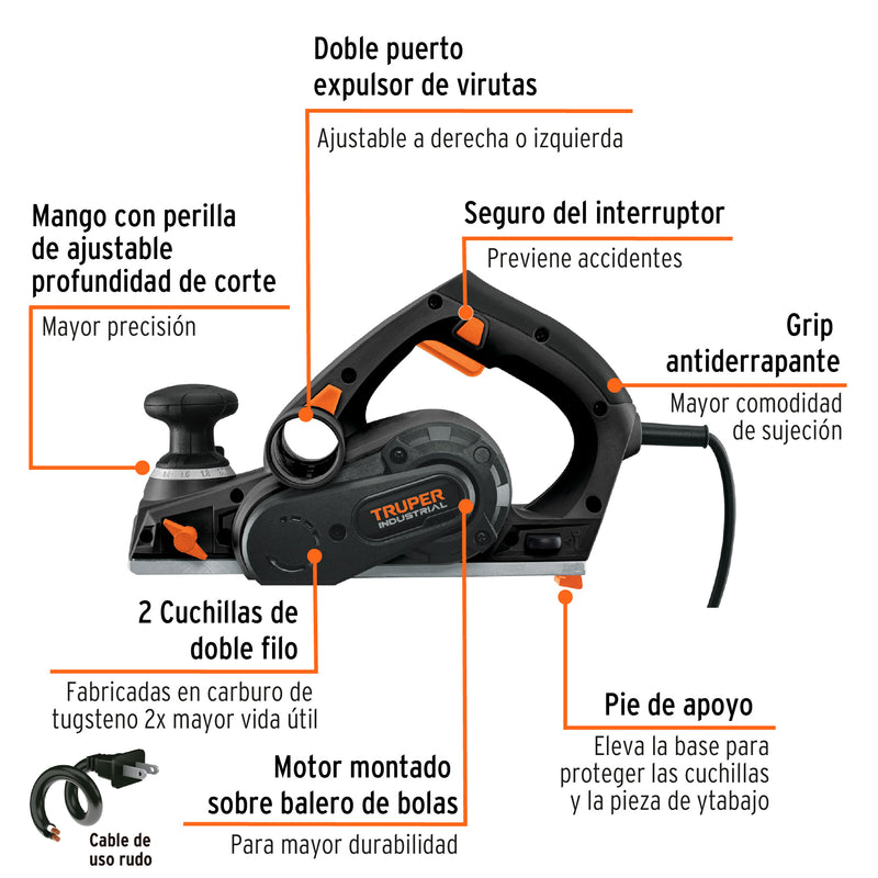 Cepillo eléctrico 3-1/4' 720 W, industrial, Truper