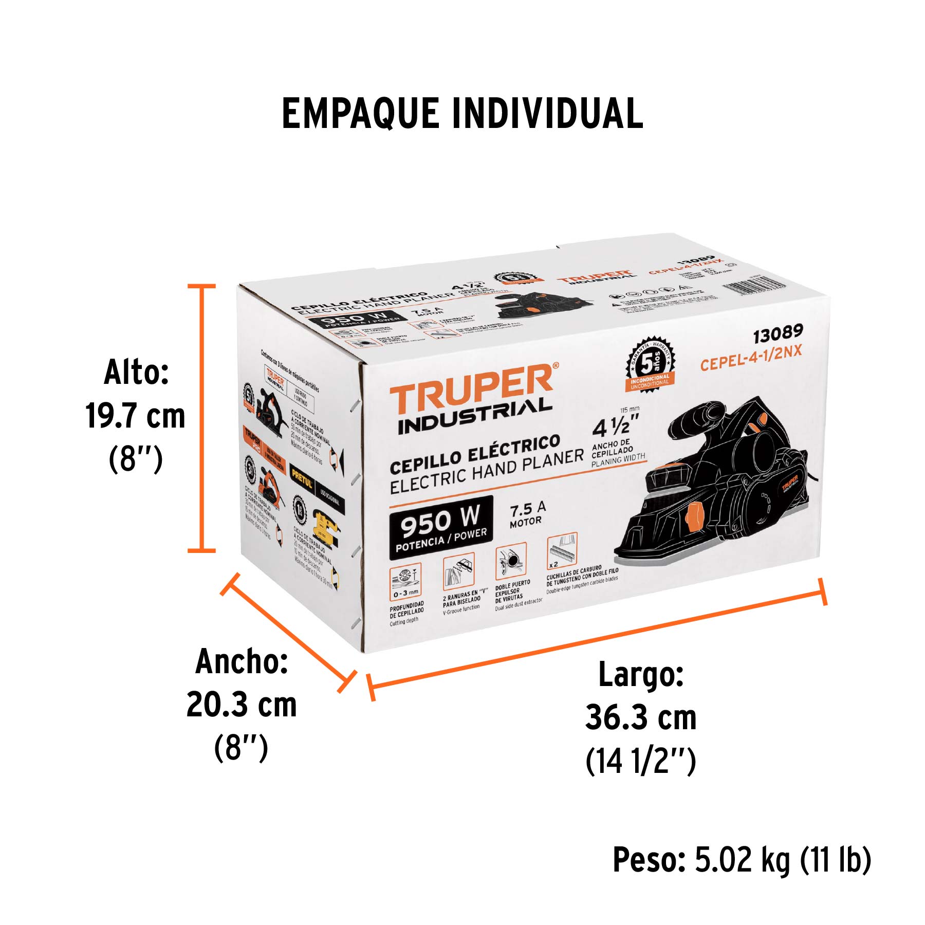 Cepillo eléctrico 4 1/2", 950 W industrial
