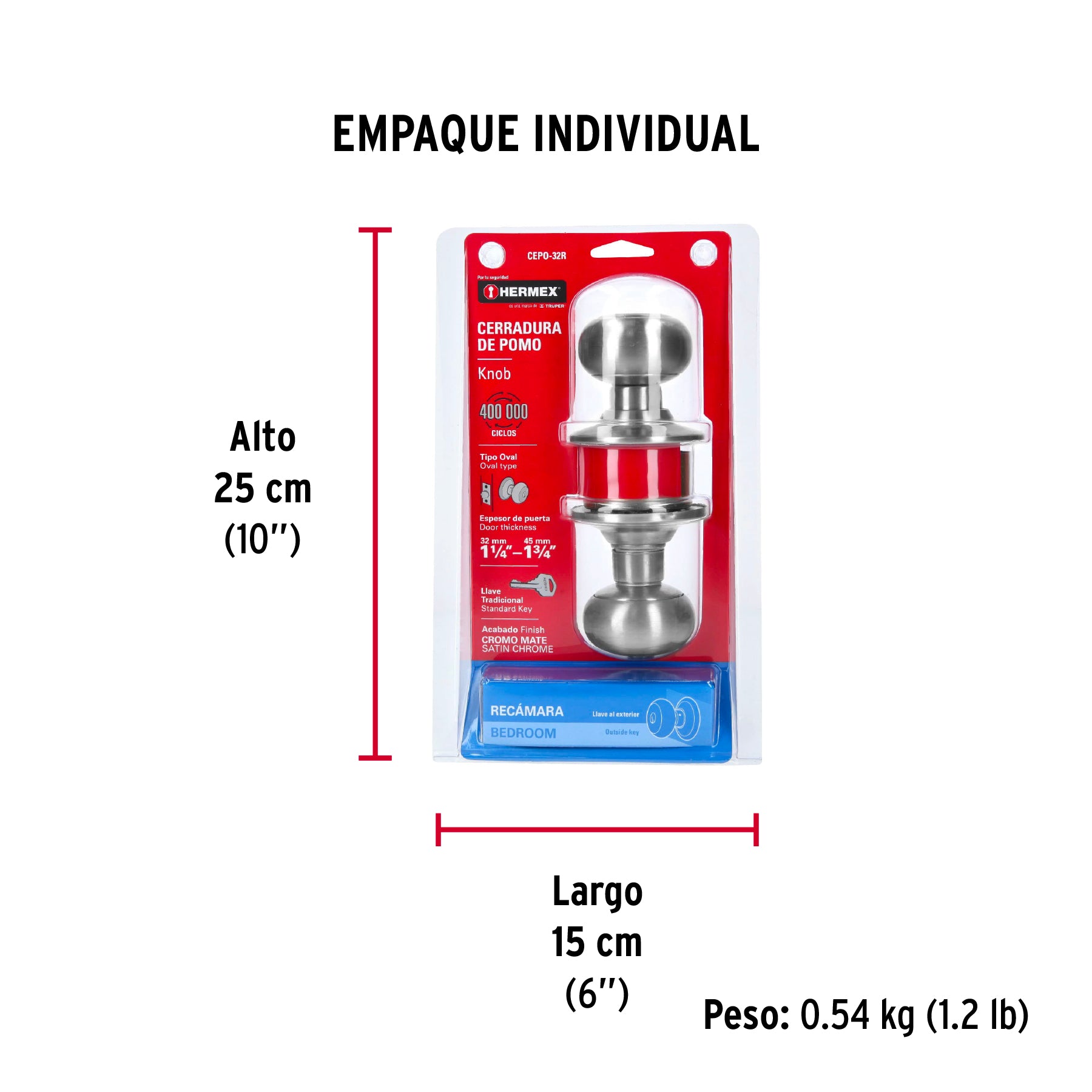 Cerradura pomo, cromo mate, oval, recamara