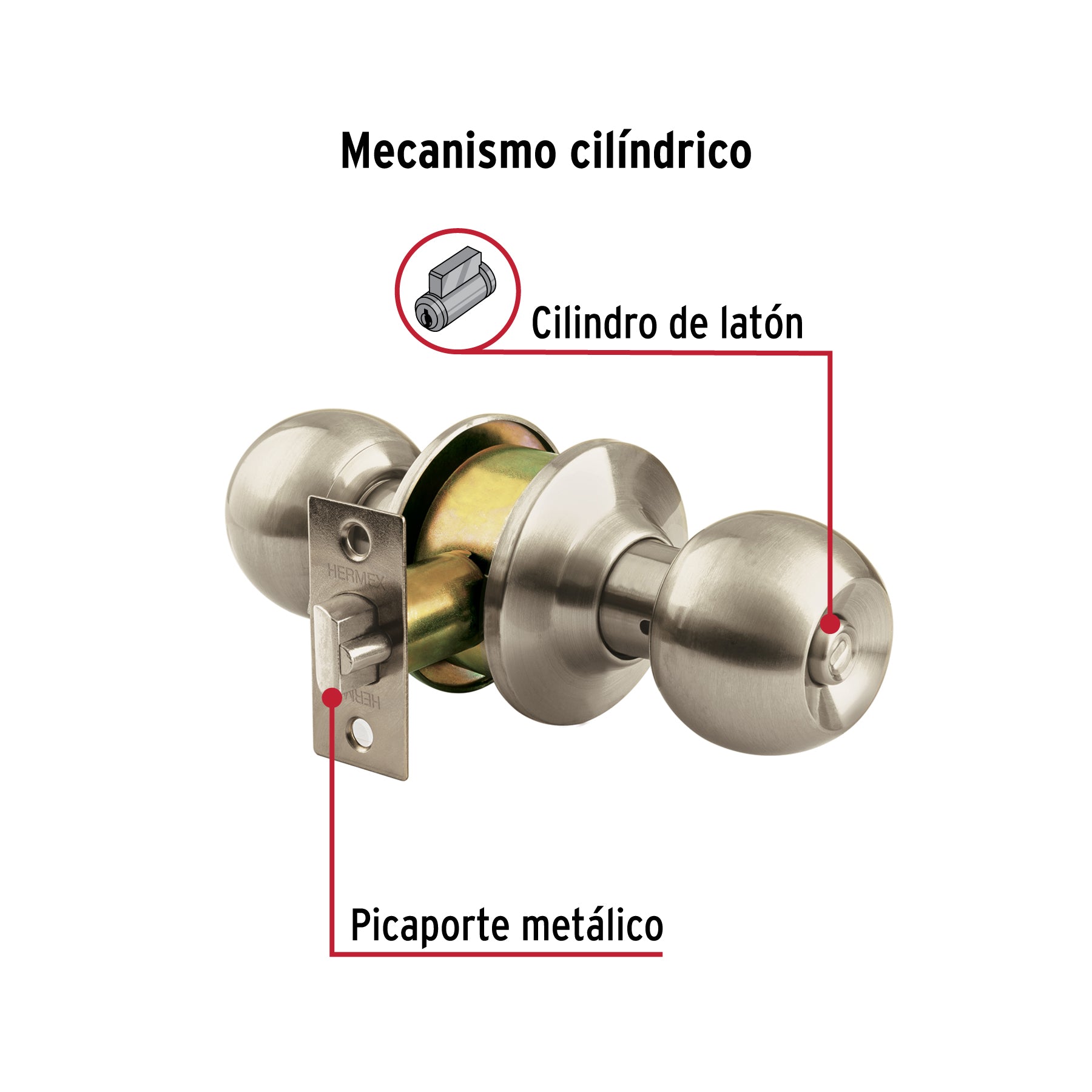Cerradura tipo esfera para baño, níquel satín, HERMEX