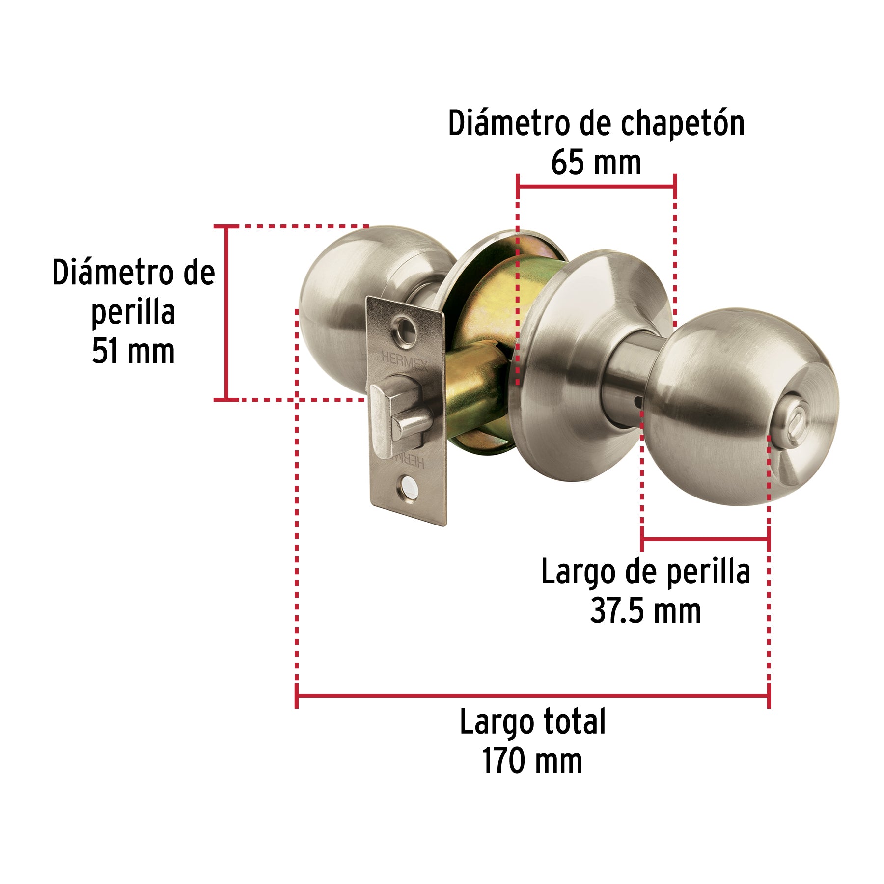Cerradura tipo esfera para baño, níquel satín, HERMEX