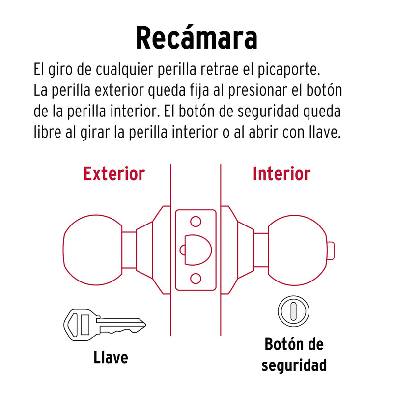 Cerradura tipo esfera para recámara, níquel satín, HERMEX