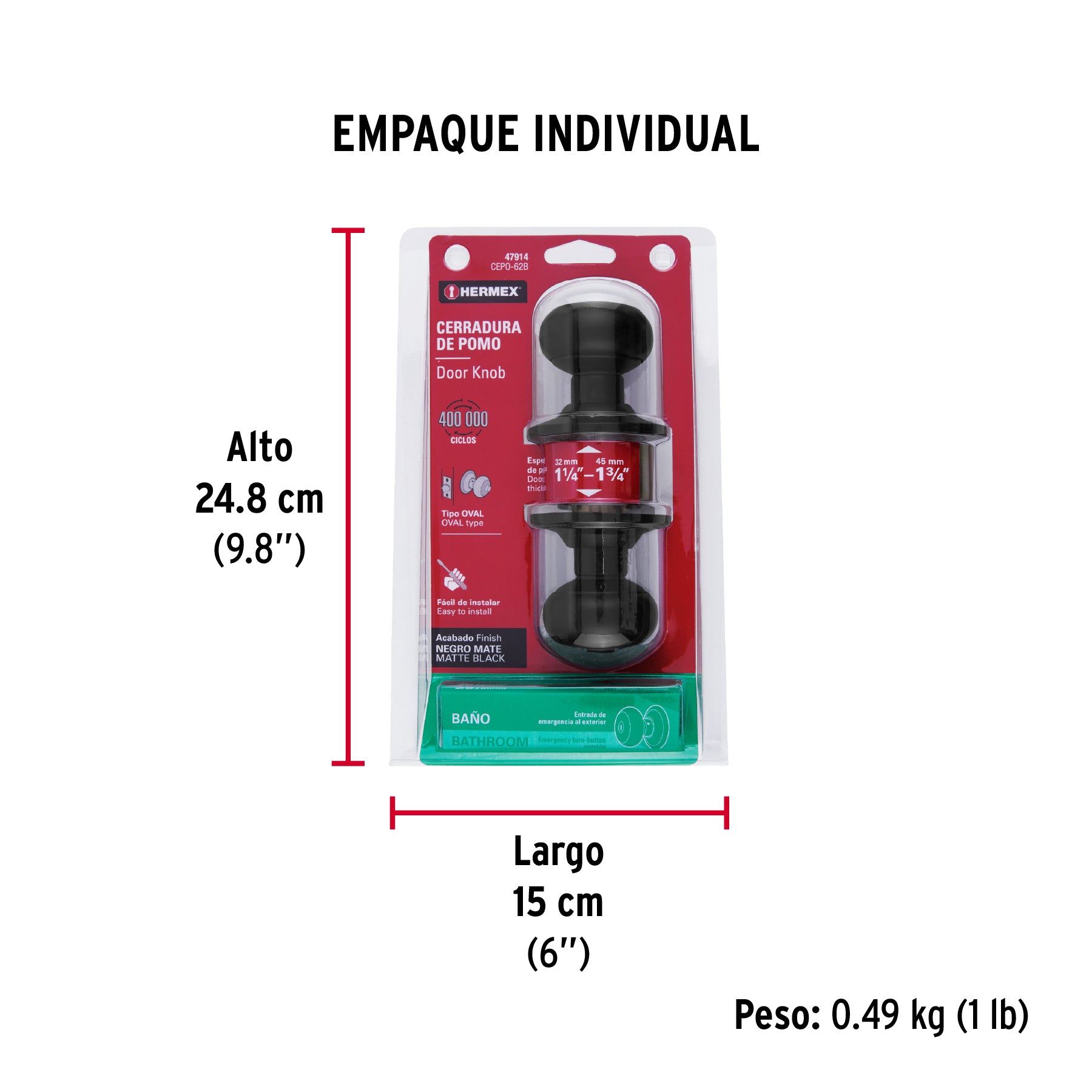 Cerradura pomo, negro, oval, baño, Hermex