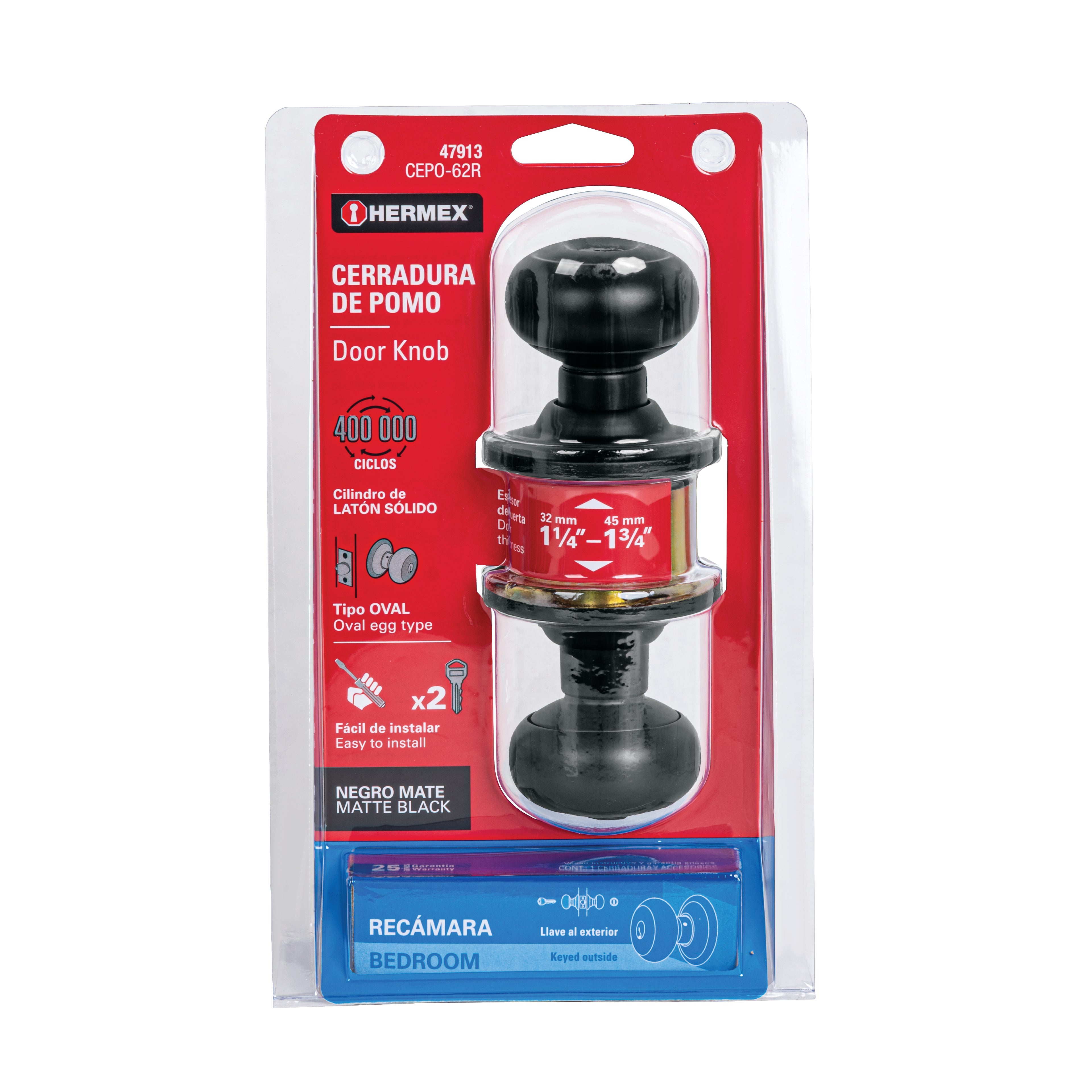 Cerradura pomo, negro, oval, recámara, Hermex