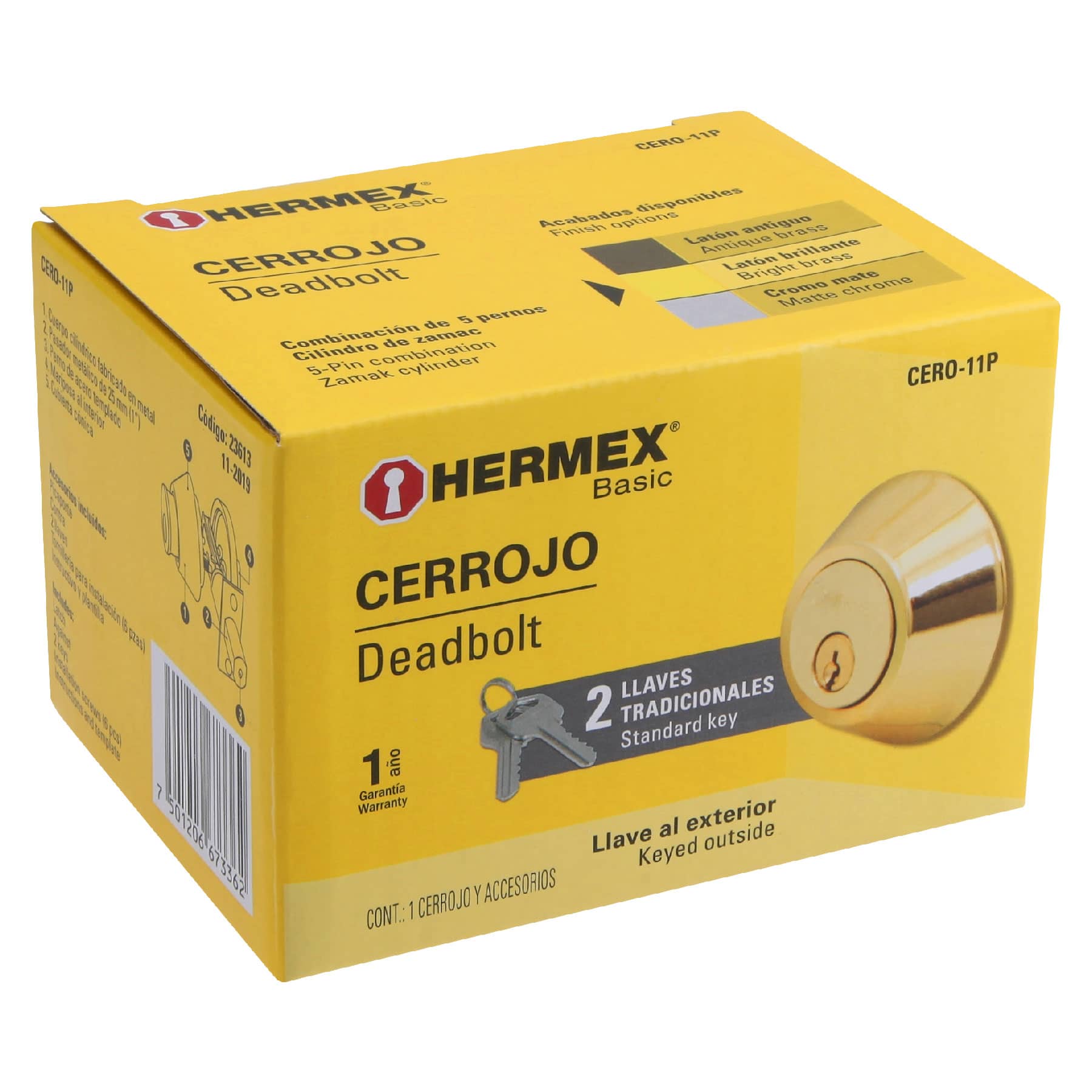 Cerrojo, latón brillante, cilindro-mariposa, Hermex Basic