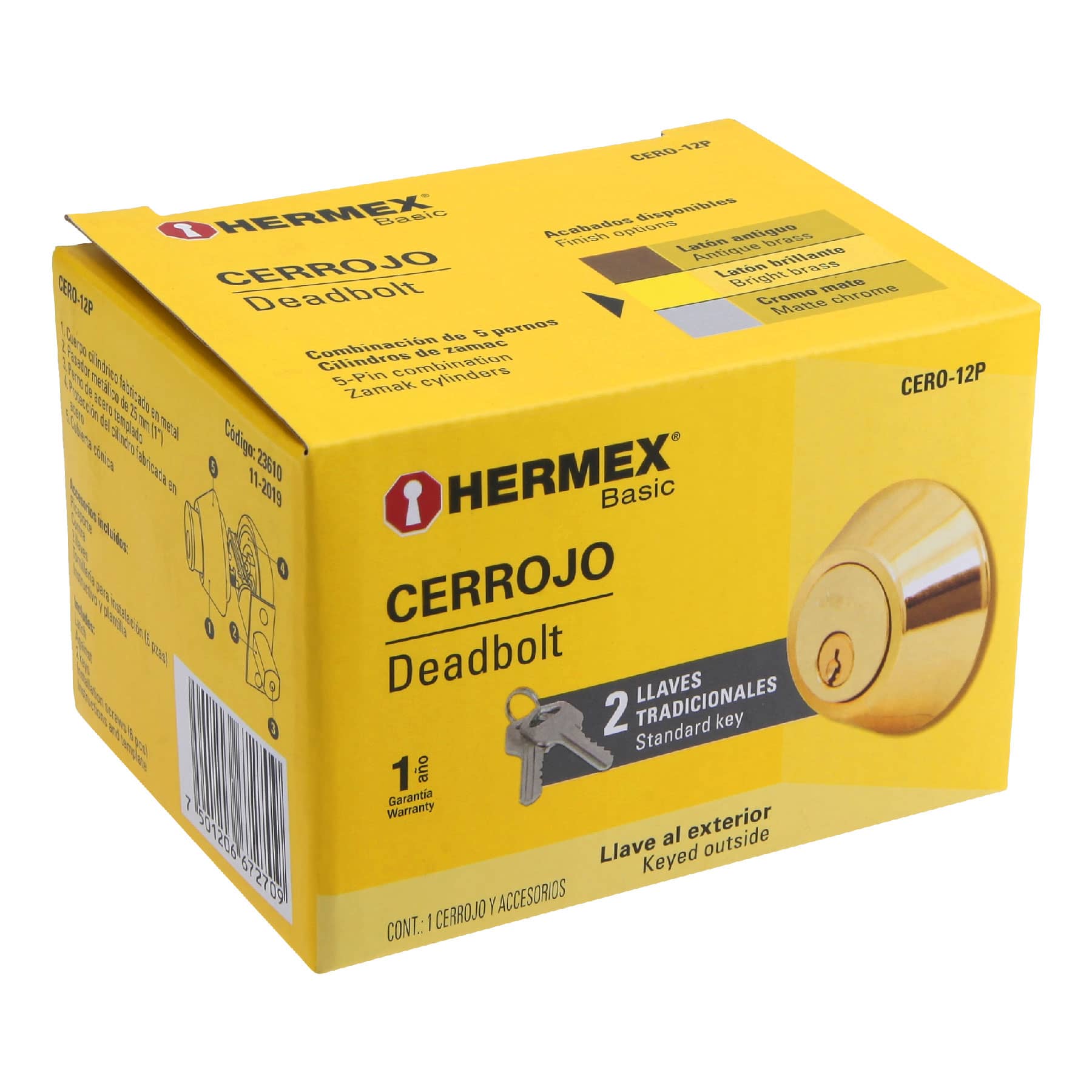 Cerrojo, latón brillante, doble cilindro, Hermex Basic