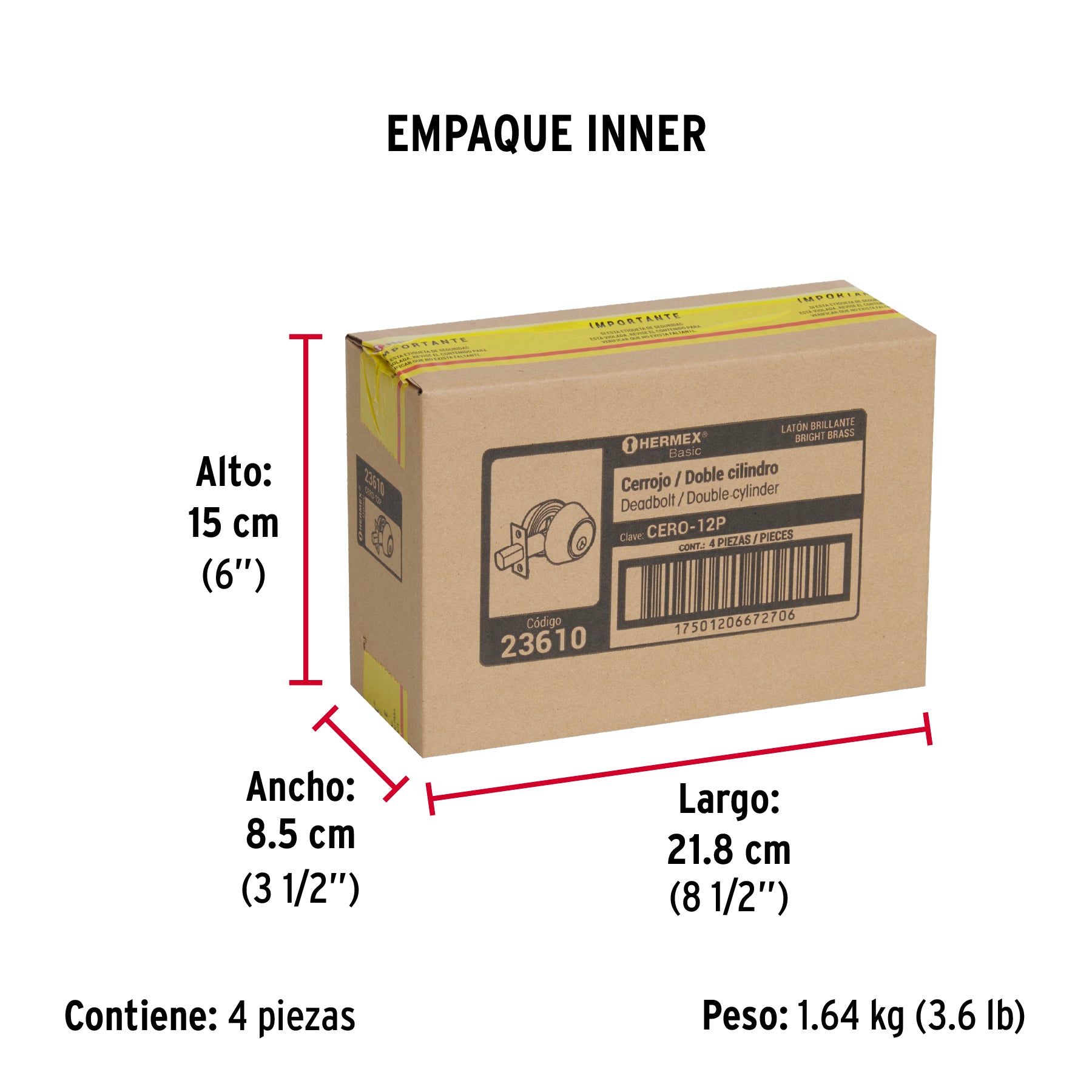 Cerrojo, latón brillante, doble cilindro, Hermex Basic