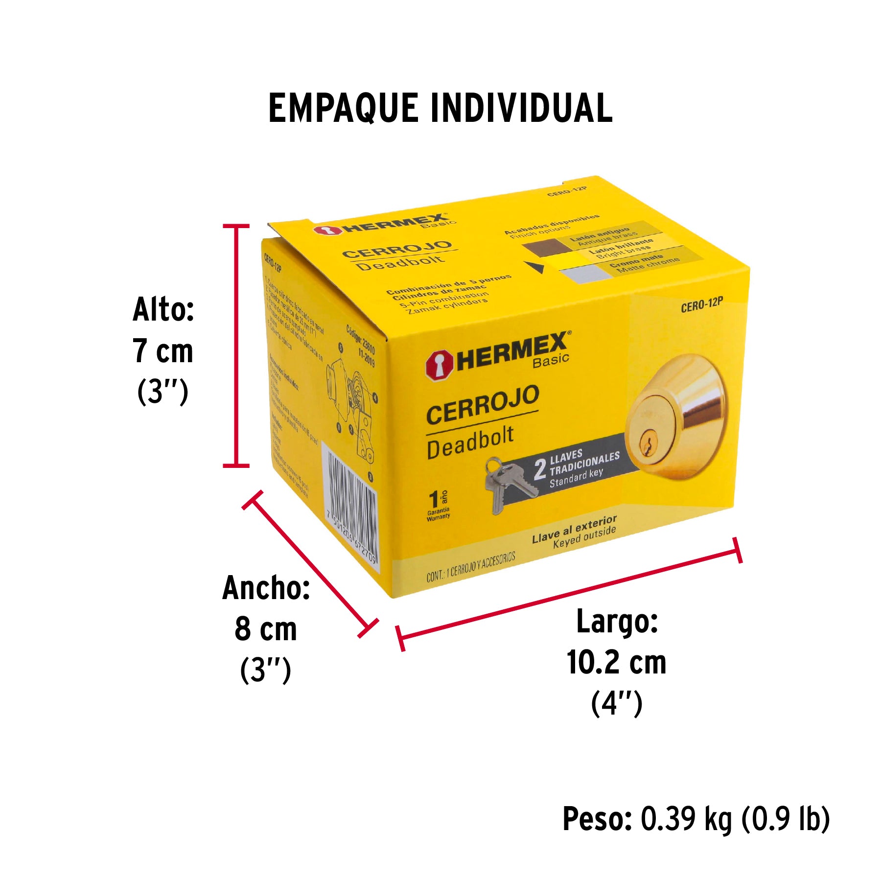 Cerrojo, latón brillante, doble cilindro, Hermex Basic