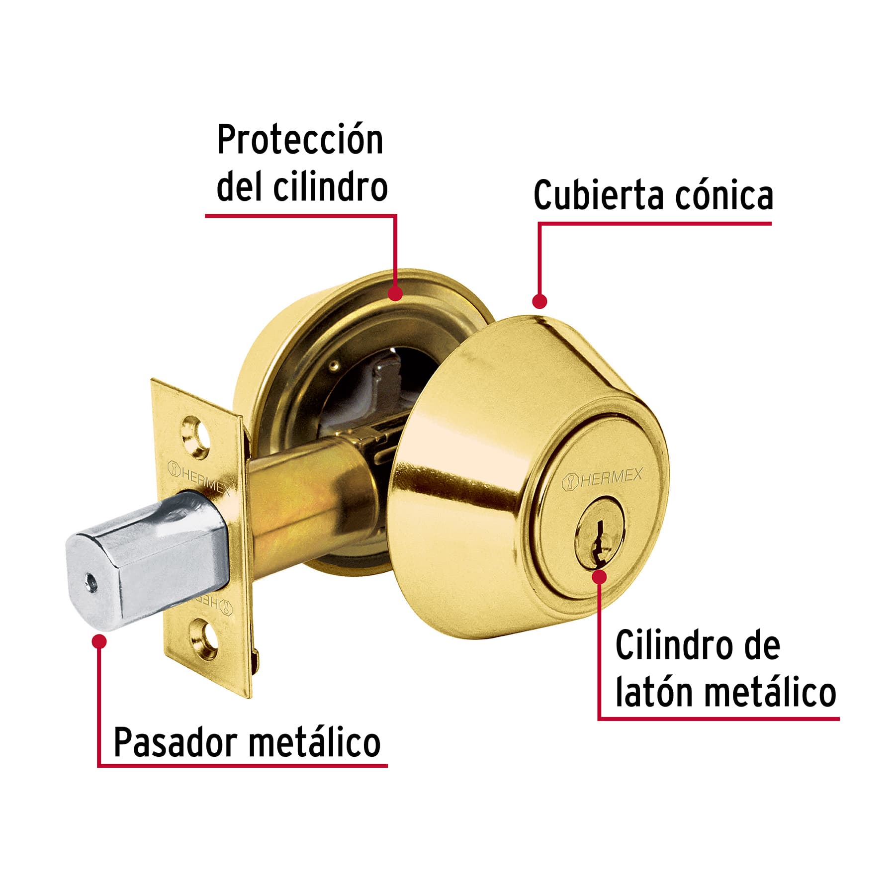 Cerrojo, latón brillante, doble cilindro, Hermex Basic