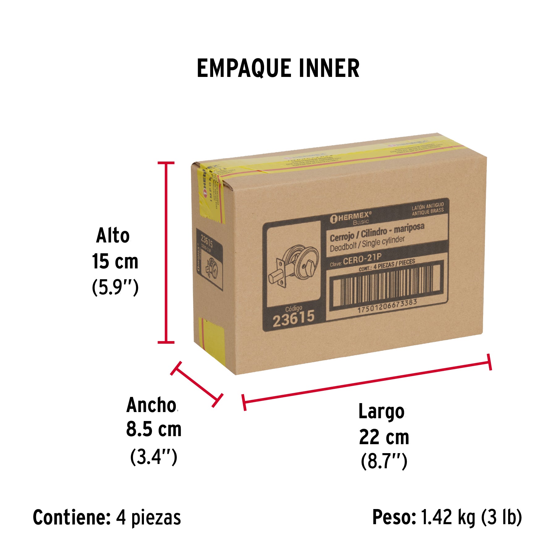 Cerrojo, latón antiguo, cilindro-mariposa, Hermex Basic