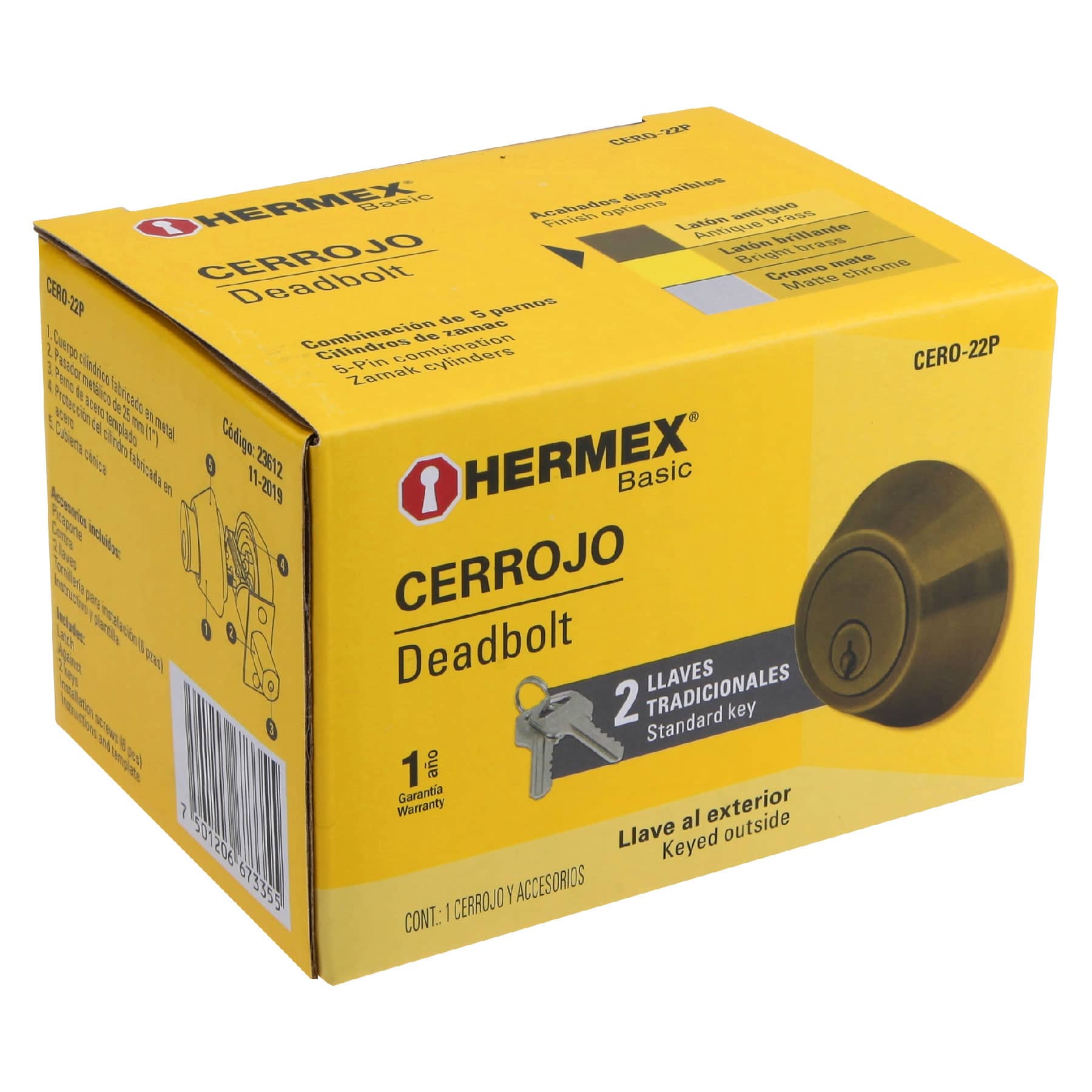 Cerrojo, latón antiguo, doble cilindro, Hermex Basic