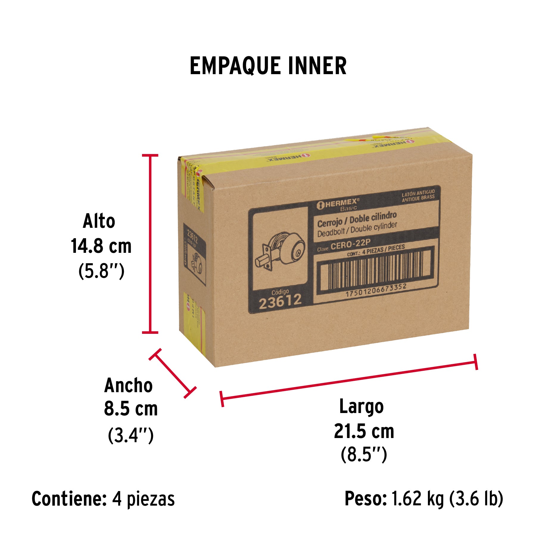 Cerrojo, latón antiguo, doble cilindro, Hermex Basic