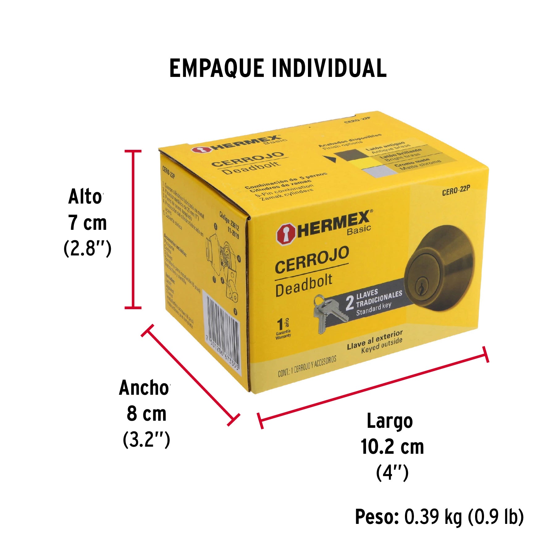 Cerrojo, latón antiguo, doble cilindro, Hermex Basic