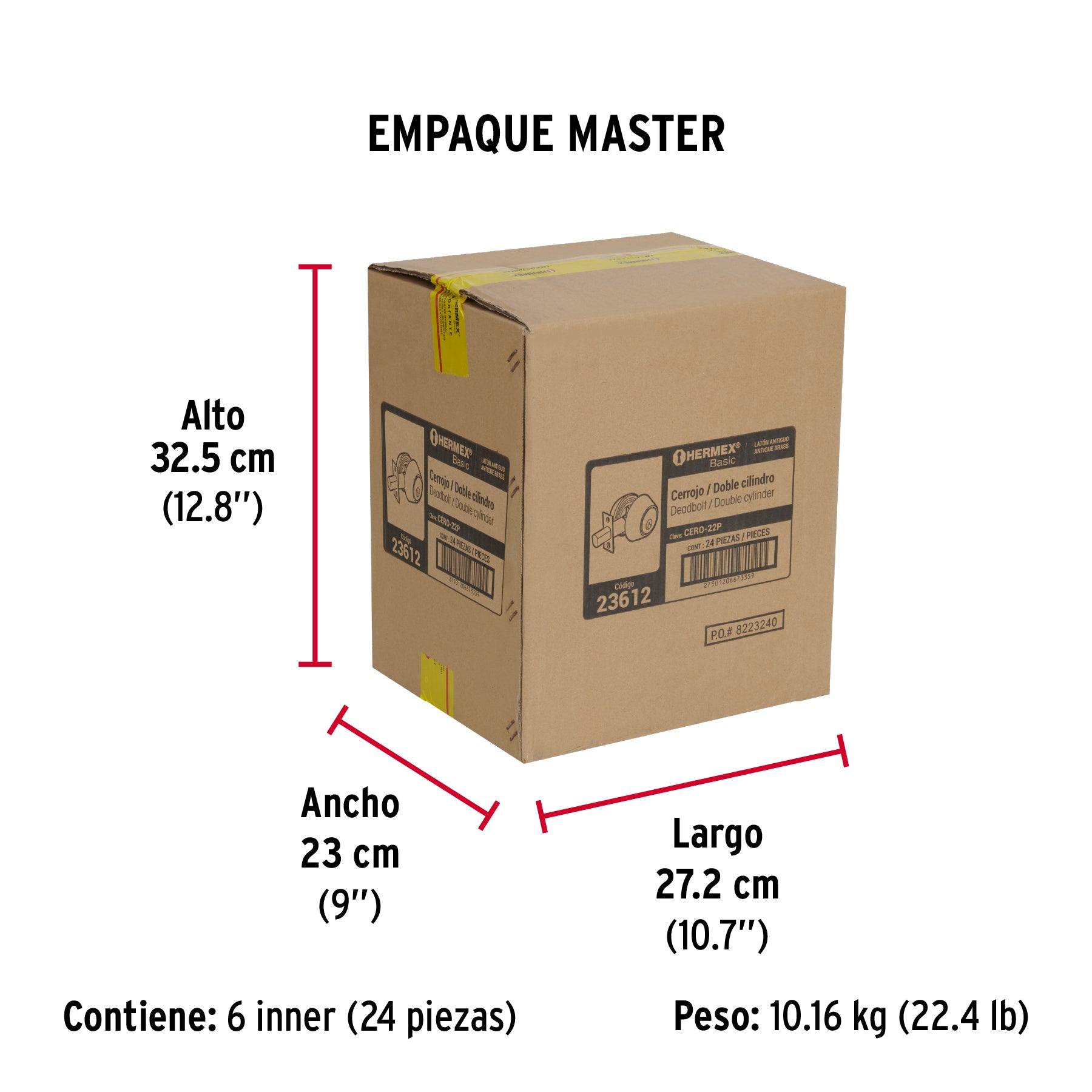 Cerrojo, latón antiguo, doble cilindro, Hermex Basic