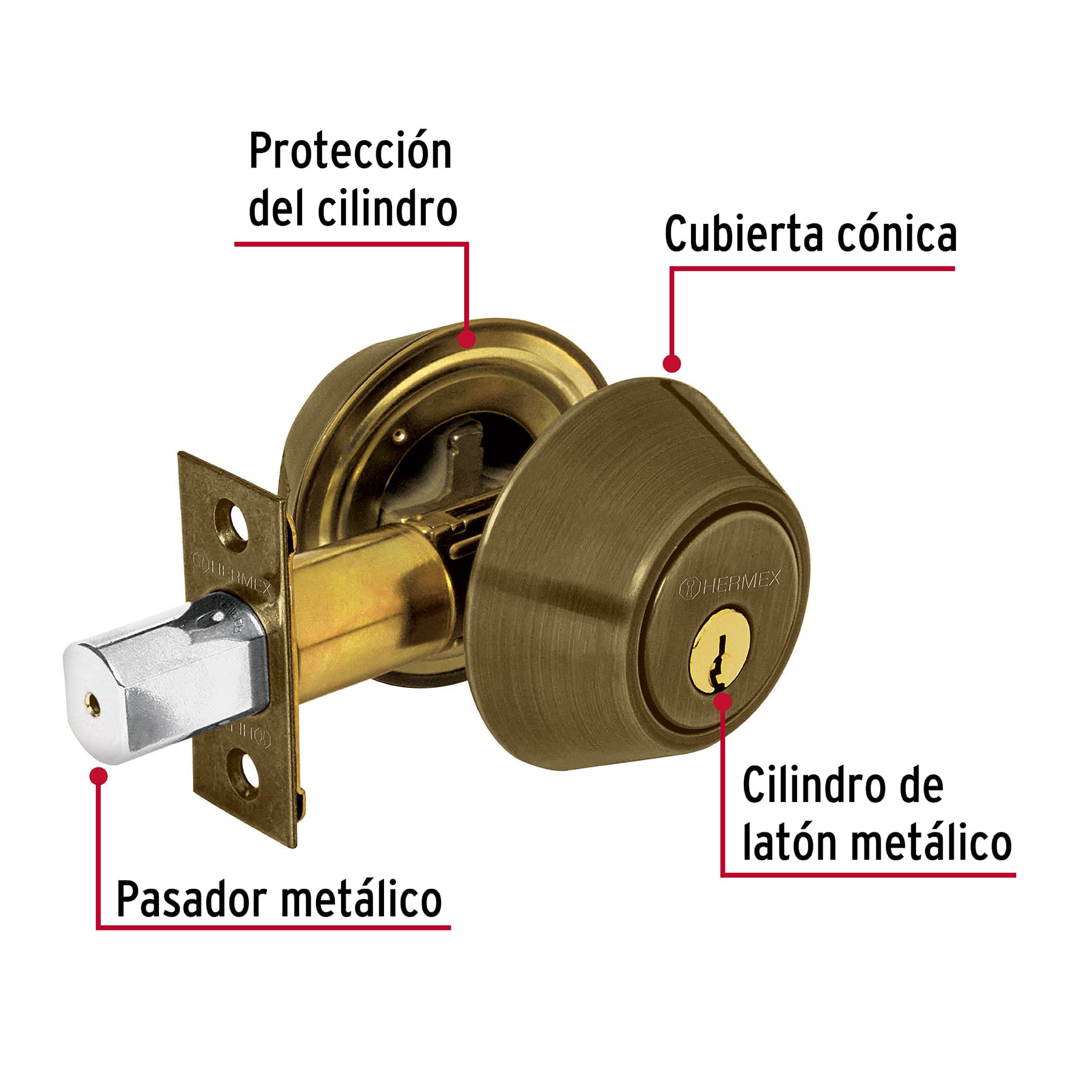 Cerrojo, latón antiguo, doble cilindro, Hermex Basic