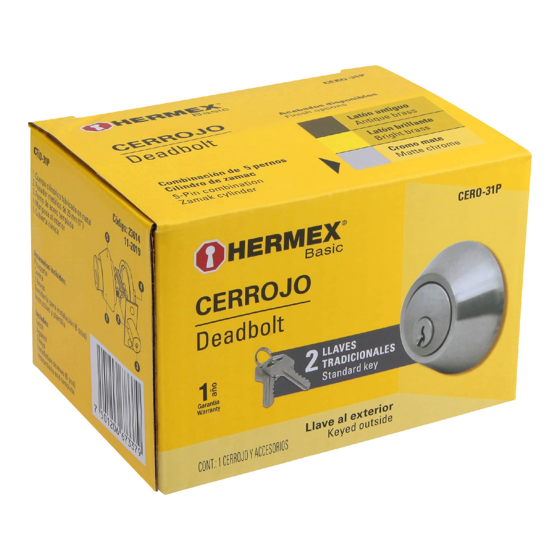 Cerrojo, cromo mate, cilindro-mariposa, Hermex Basic