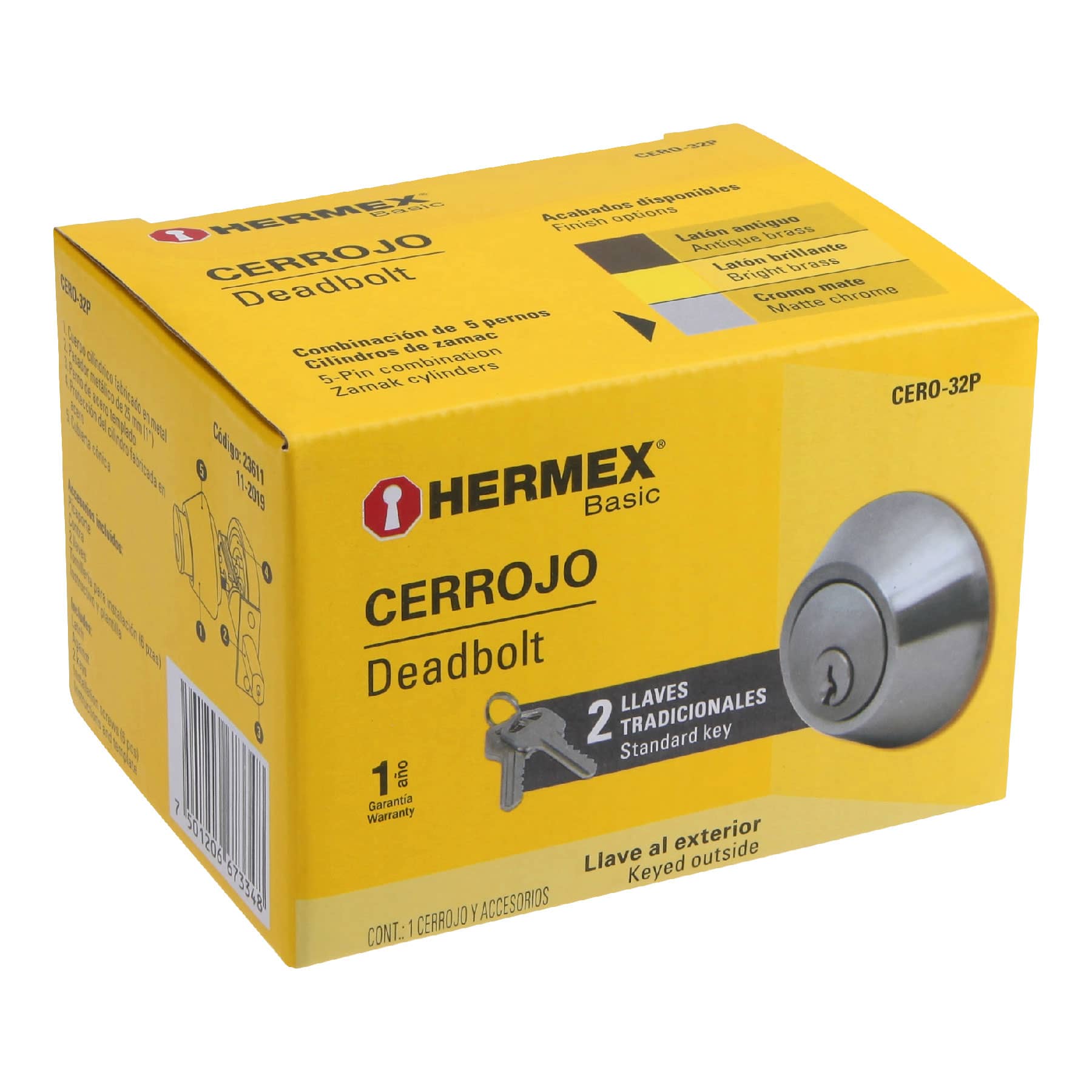 Cerrojo, cromo mate, doble cilindro, Hermex Basic